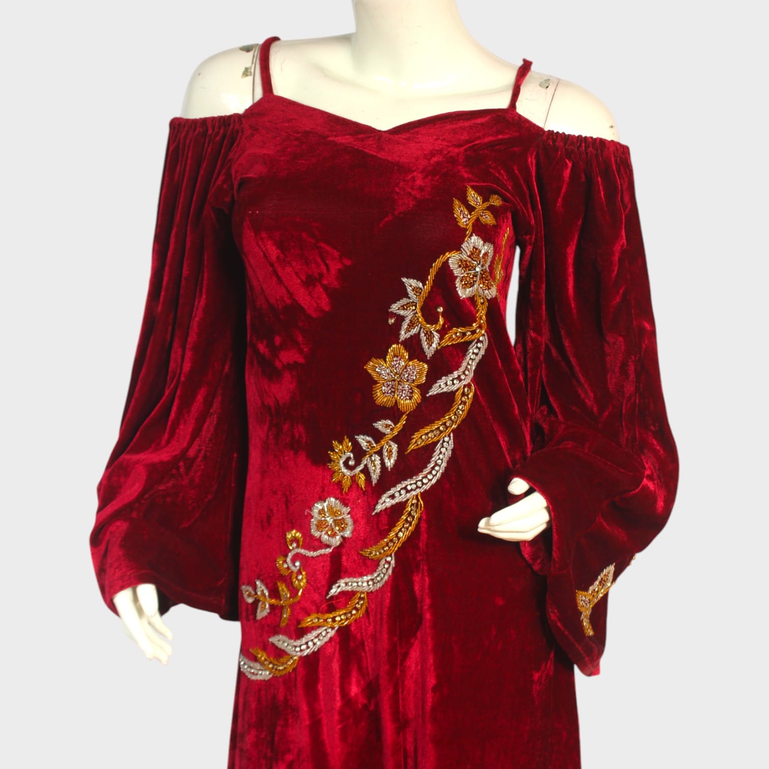 Crimson Bloom Cold-Shoulder Gown