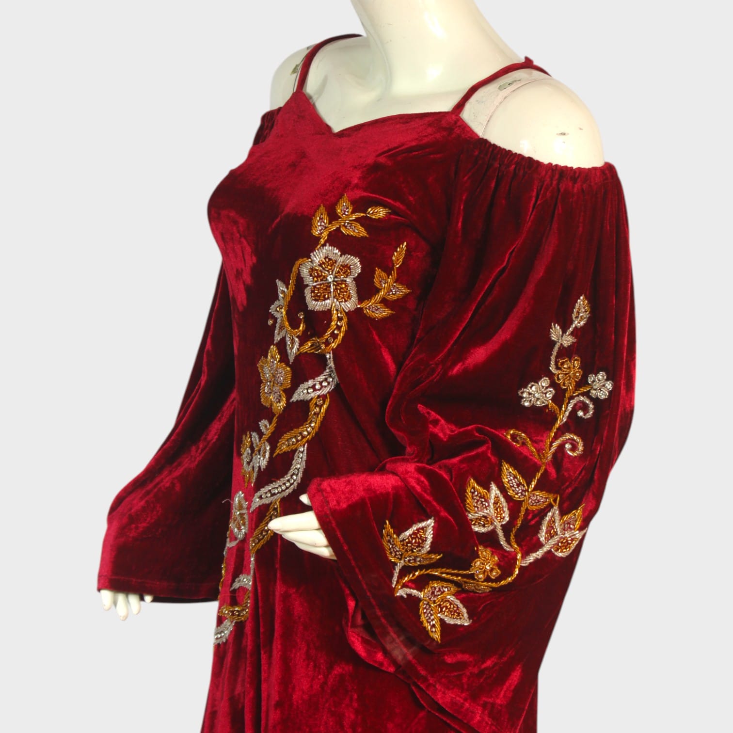Crimson Bloom Cold-Shoulder Gown
