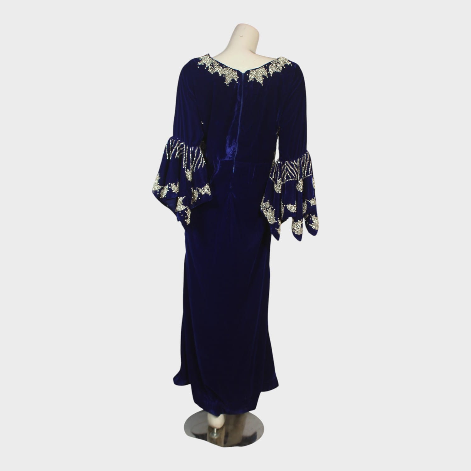 Sapphire Elegance Embroidered Velvet Gown