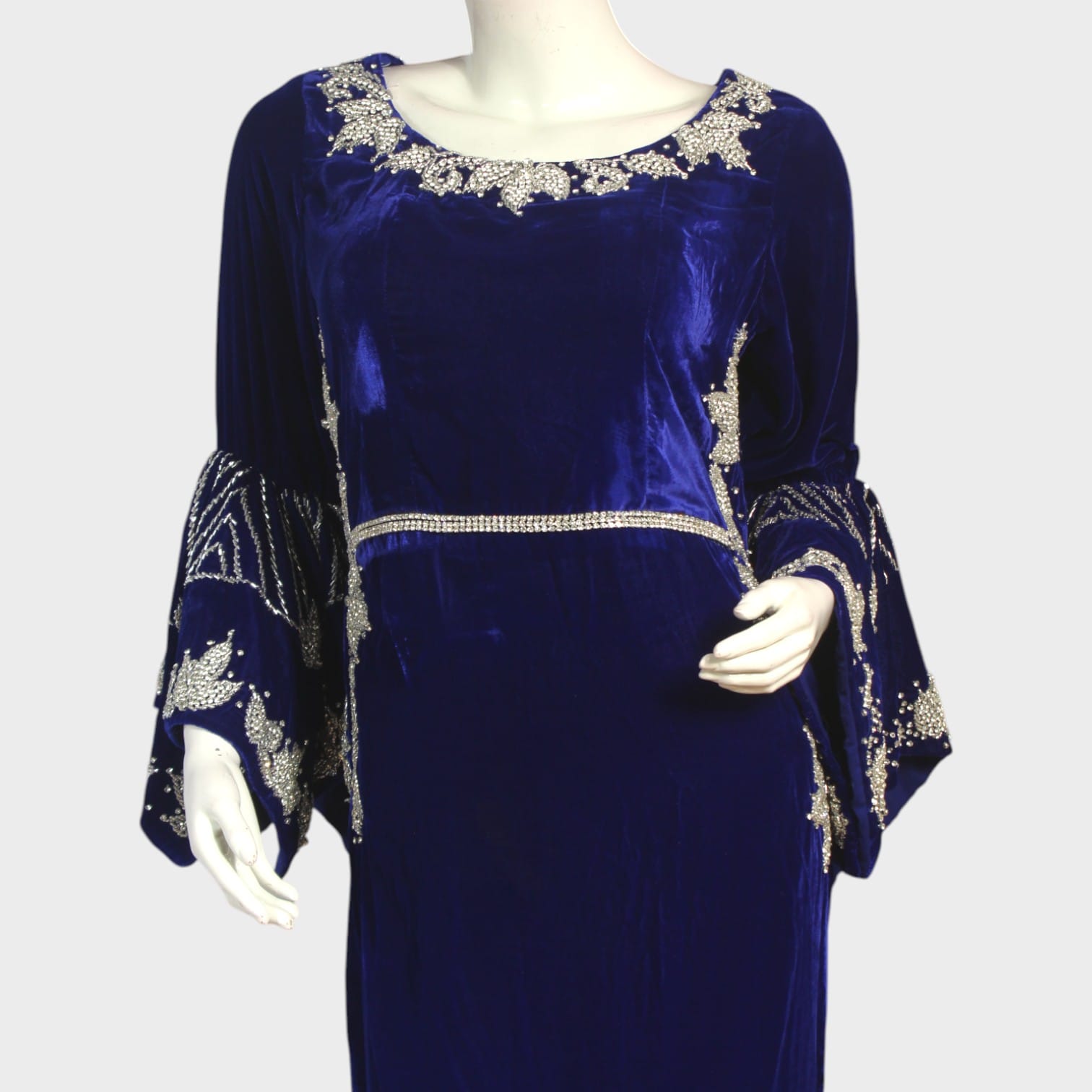 Sapphire Elegance Embroidered Velvet Gown