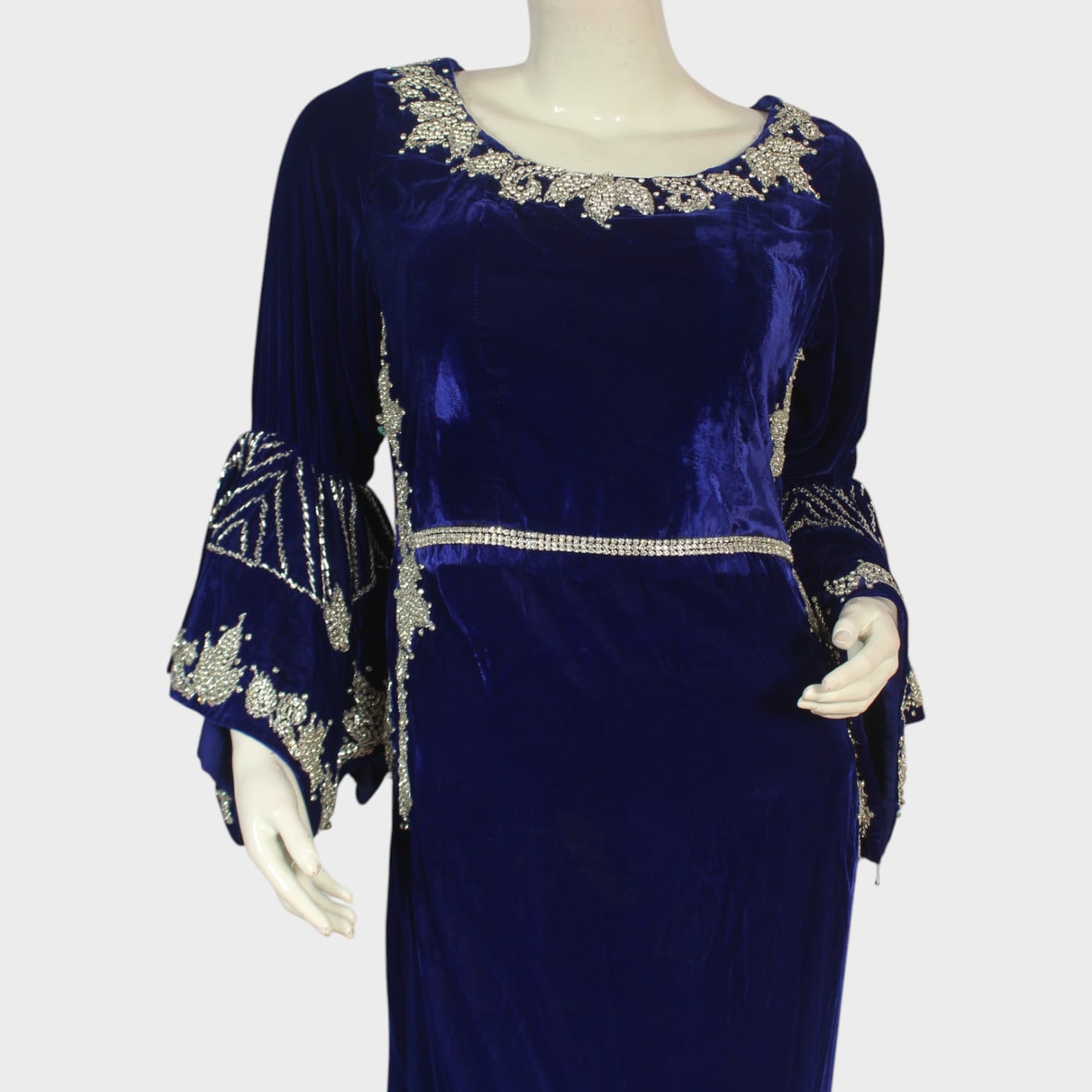 Sapphire Elegance Embroidered Velvet Gown
