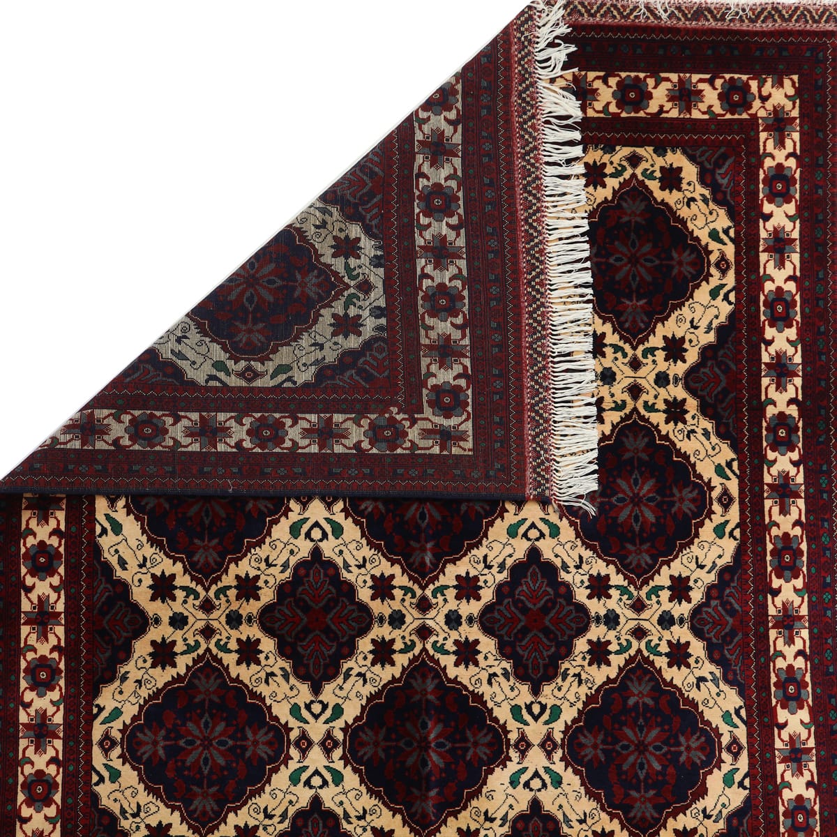 Ivory & Maroon Medallion Afghan Rug – 9.8 ft x 6.6 ft