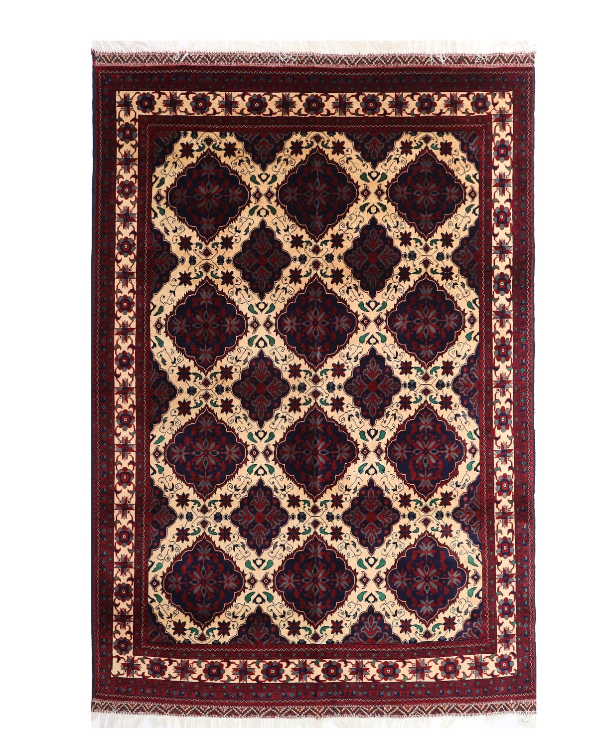 Ivory & Maroon Medallion Afghan Rug – 9.8 ft x 6.6 ft
