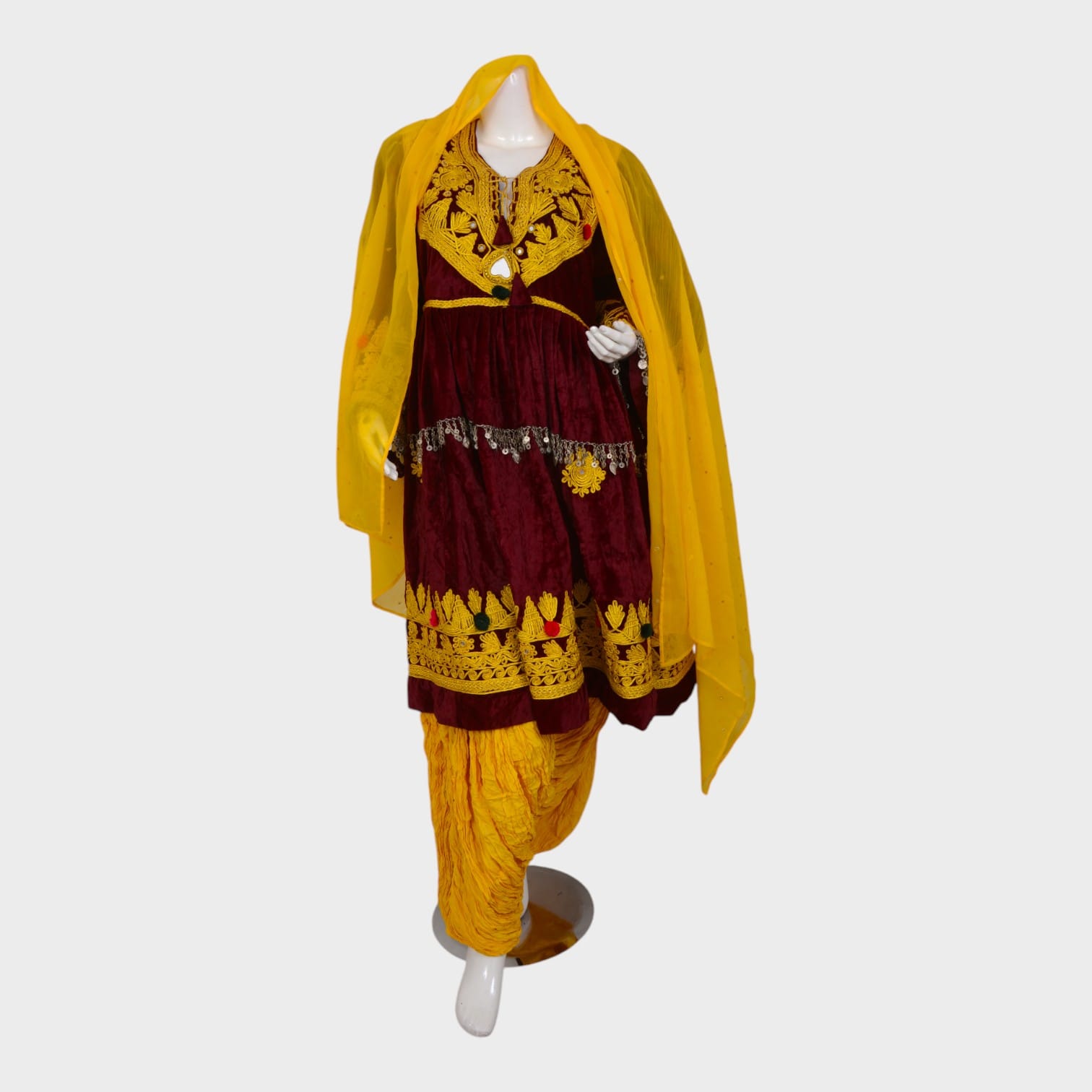 Sunfire Velvet Afghani Dress – Maroon & Yellow Set