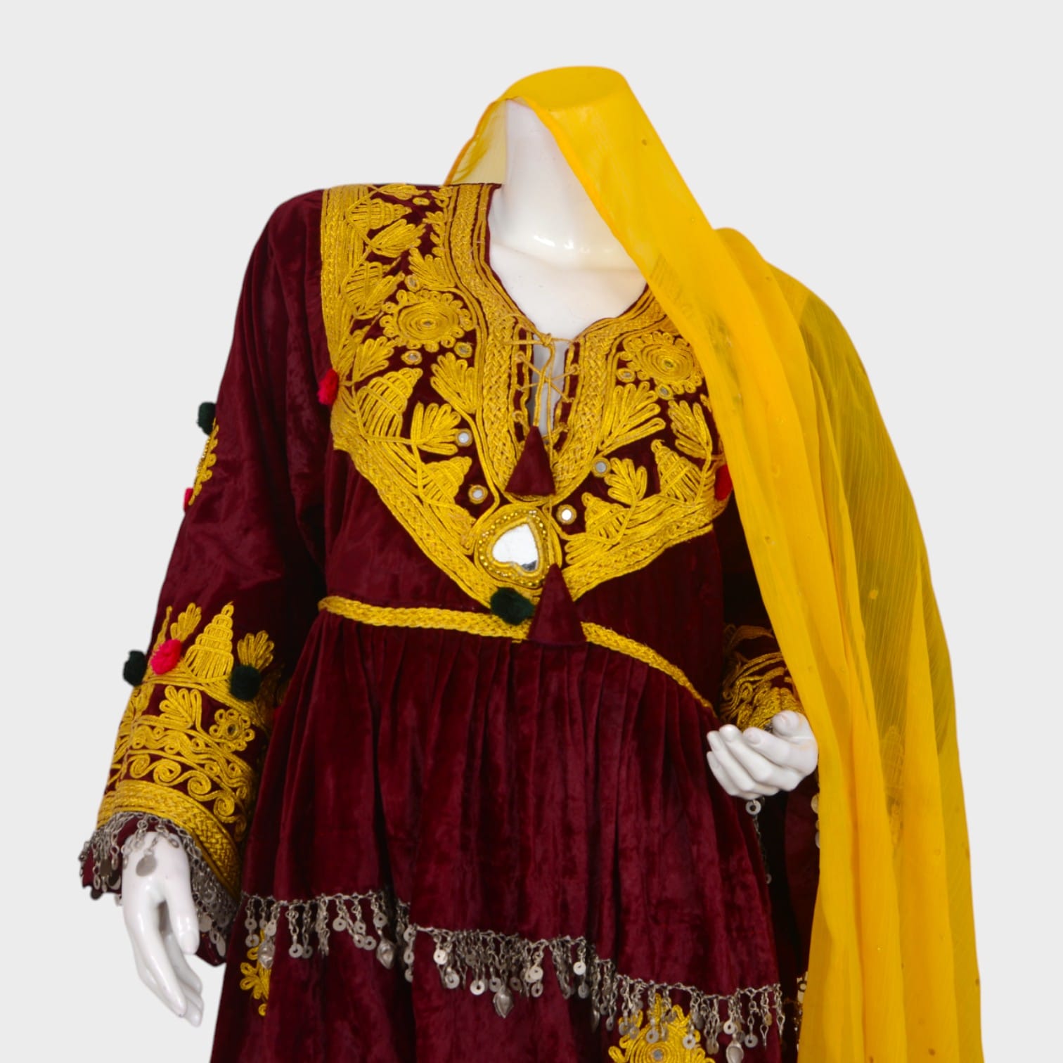 Sunfire Velvet Afghani Dress – Maroon & Yellow Set