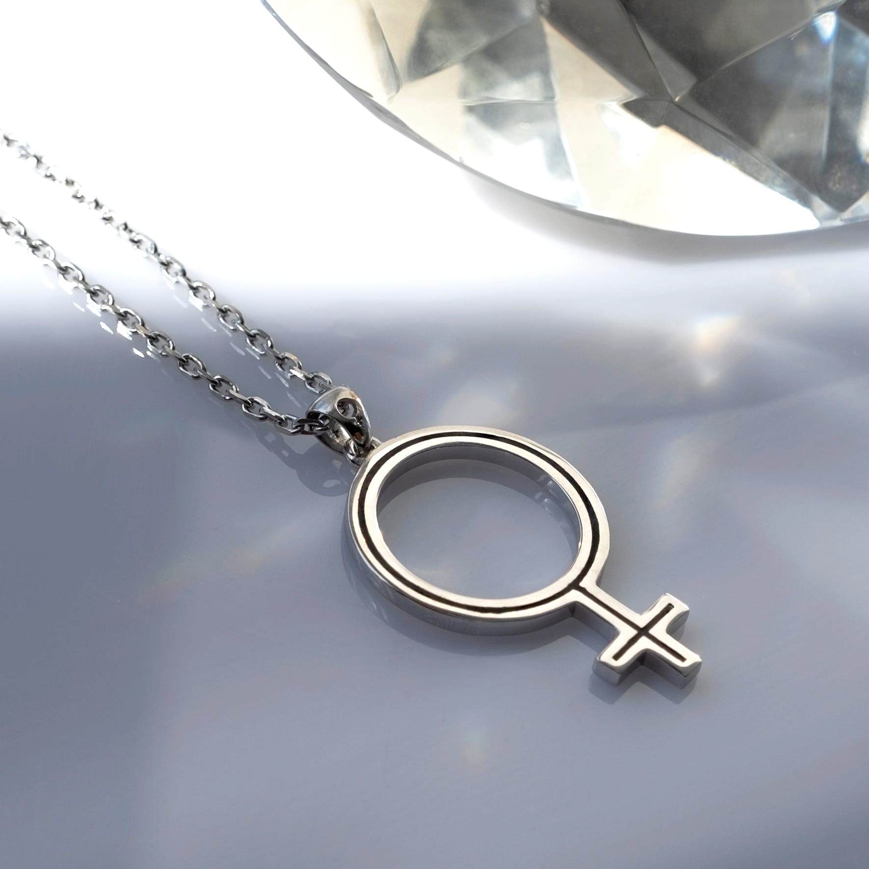 Venus Symbol Necklace - Sterling Silver Female Symbol Pendant - Purple Black Enamel - Custom Chain Length & Plating