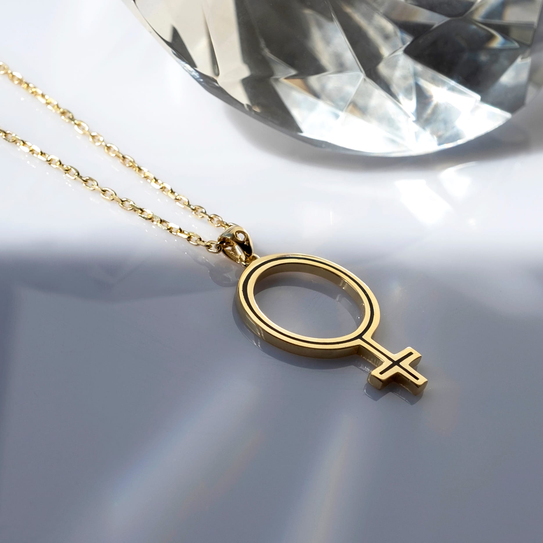 Venus Symbol Necklace - Sterling Silver Female Symbol Pendant - Purple Black Enamel - Custom Chain Length & Plating