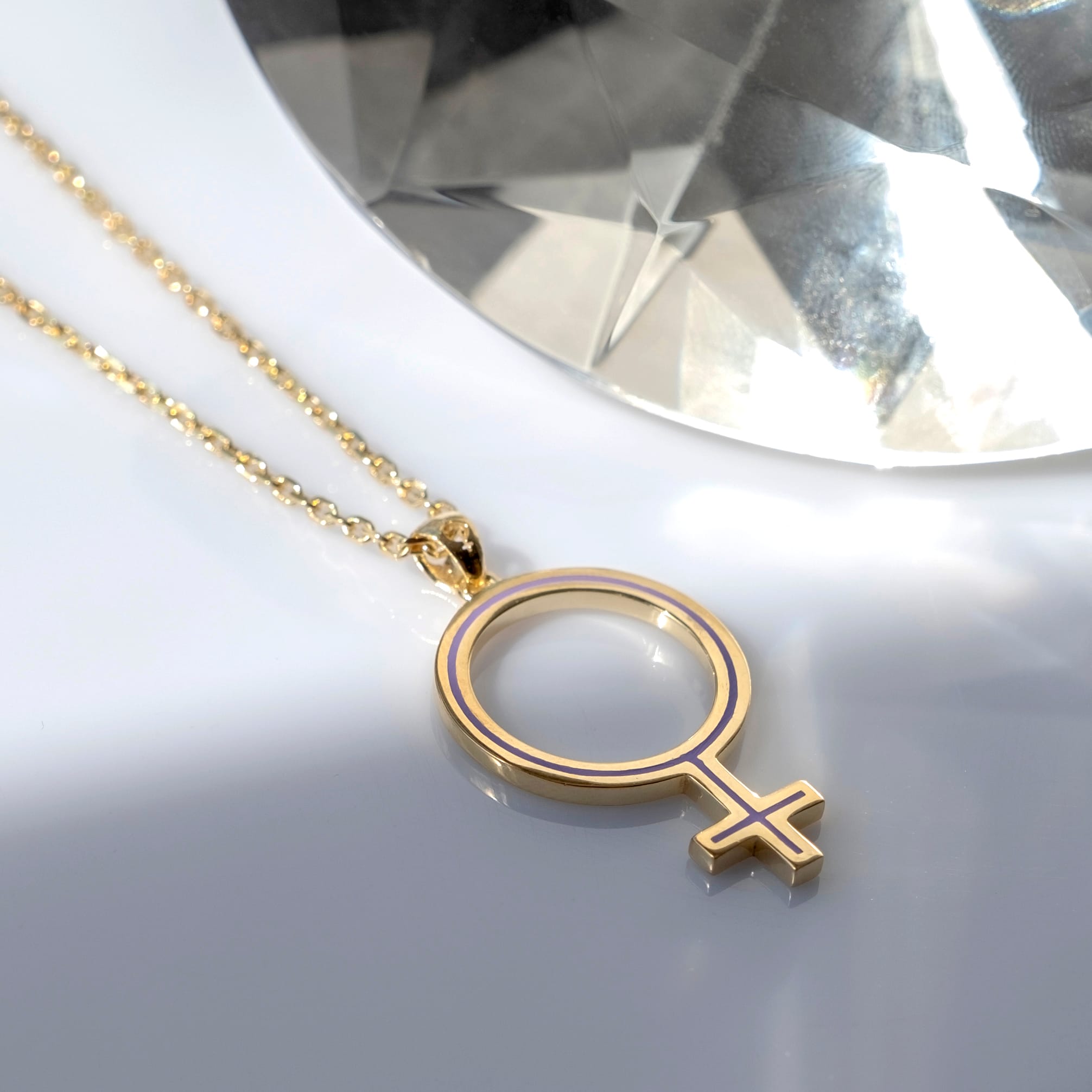 Venus Symbol Necklace - Sterling Silver Female Symbol Pendant - Purple Black Enamel - Custom Chain Length & Plating