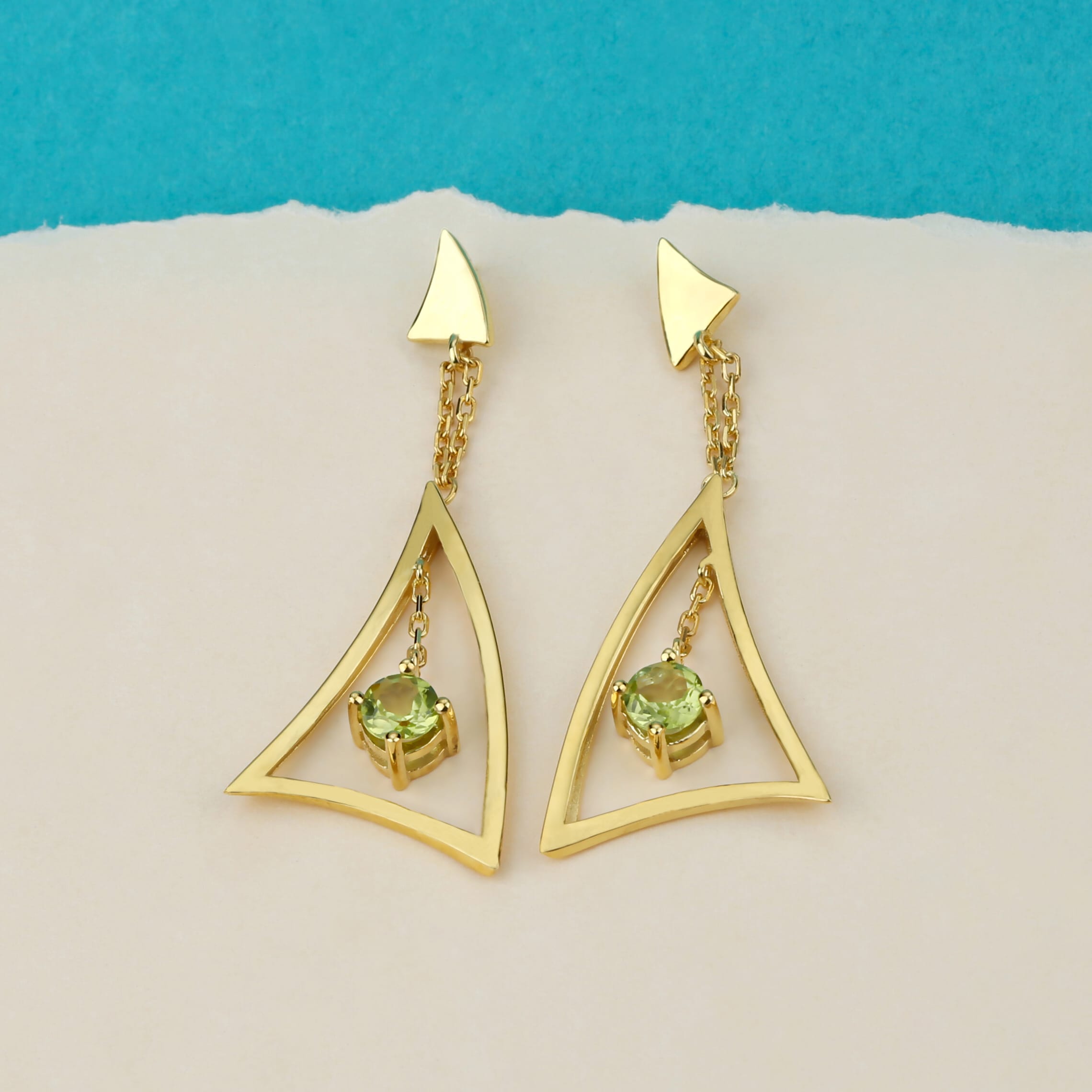 Geometric Triangle Earrings - Sterling Silver Dangle Earrings with Natural Gemstone - Custom Plating