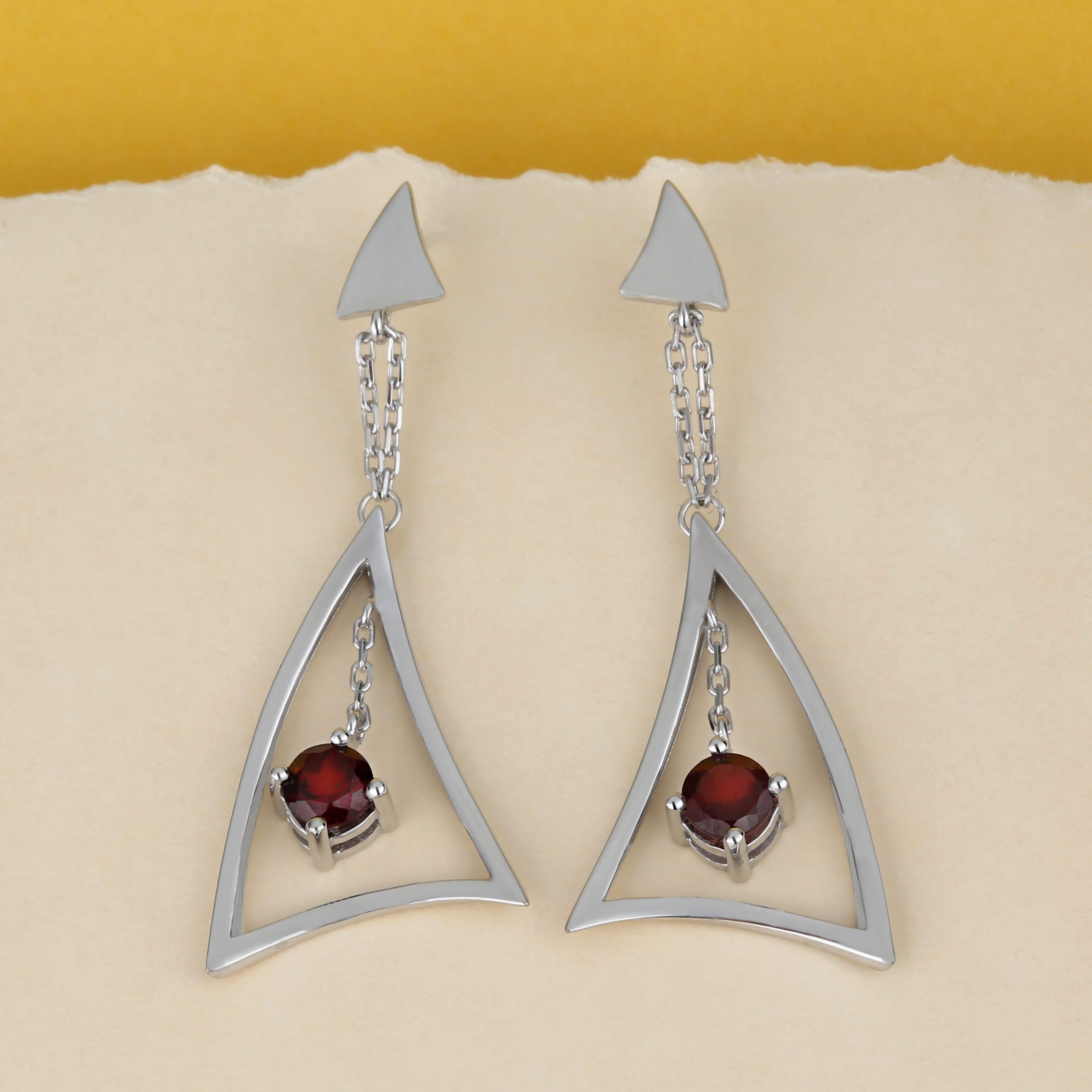 Geometric Triangle Earrings - Sterling Silver Dangle Earrings with Natural Gemstone - Custom Plating