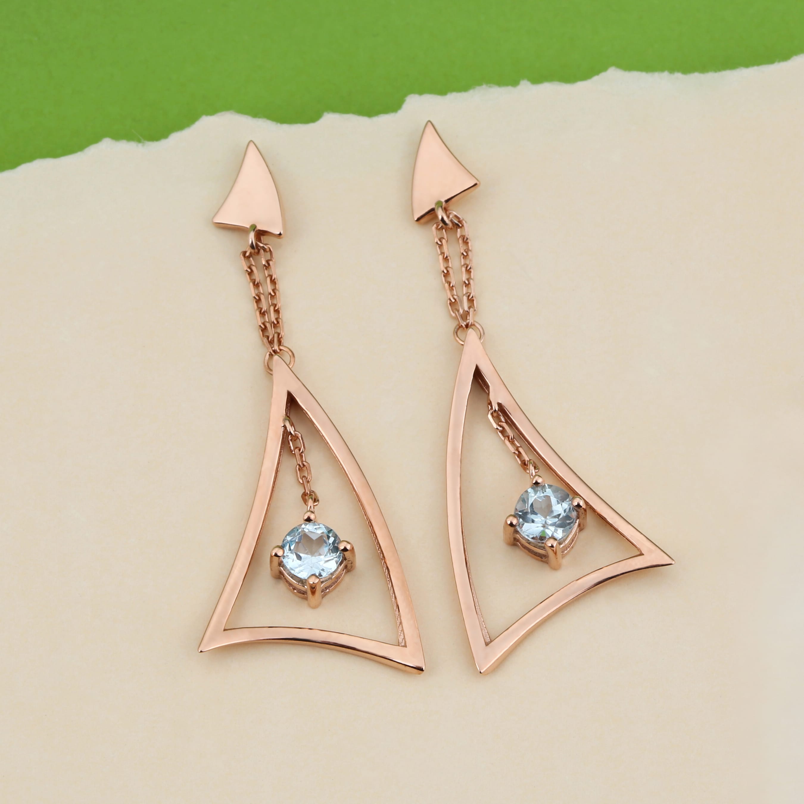 Geometric Triangle Earrings - Sterling Silver Dangle Earrings with Natural Gemstone - Custom Plating