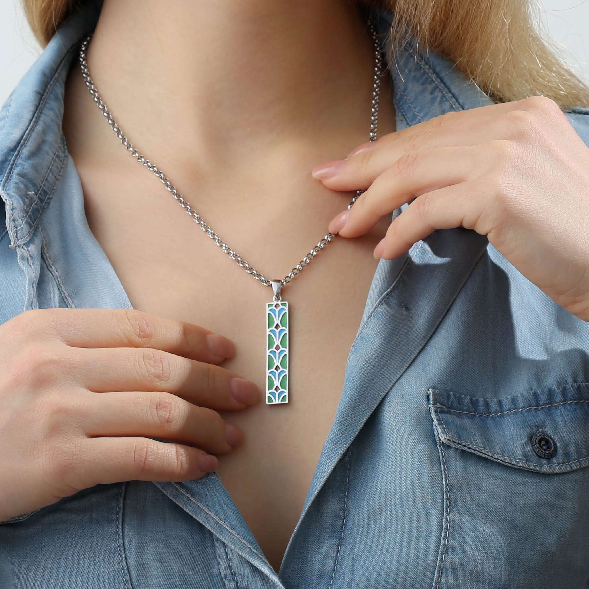Art Deco Pattern Necklace - Sterling Silver Bar Pendant - Hot Enamel Geometric Design - Vintage Inspired Jewelry