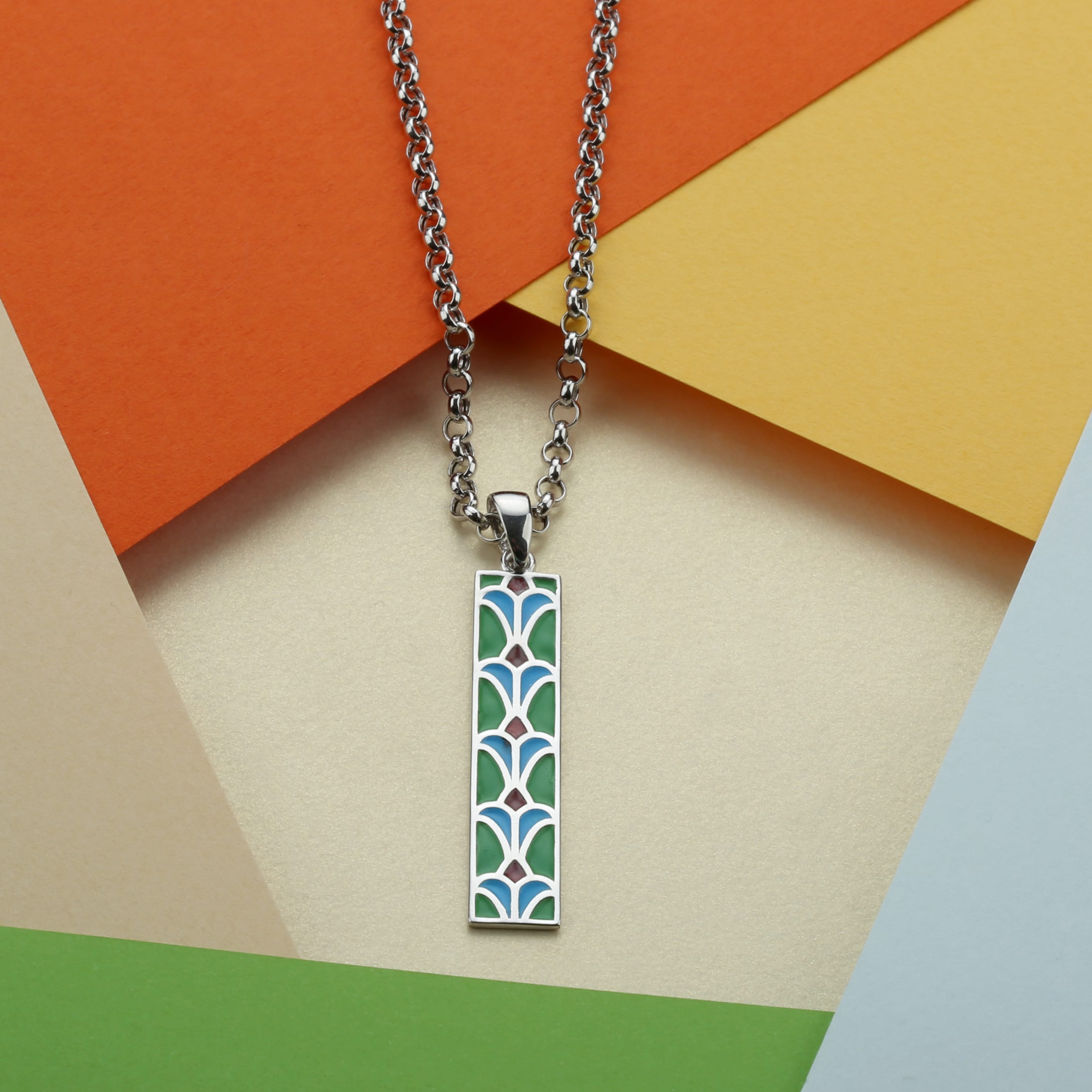 Art Deco Pattern Necklace - Sterling Silver Bar Pendant - Hot Enamel Geometric Design - Vintage Inspired Jewelry