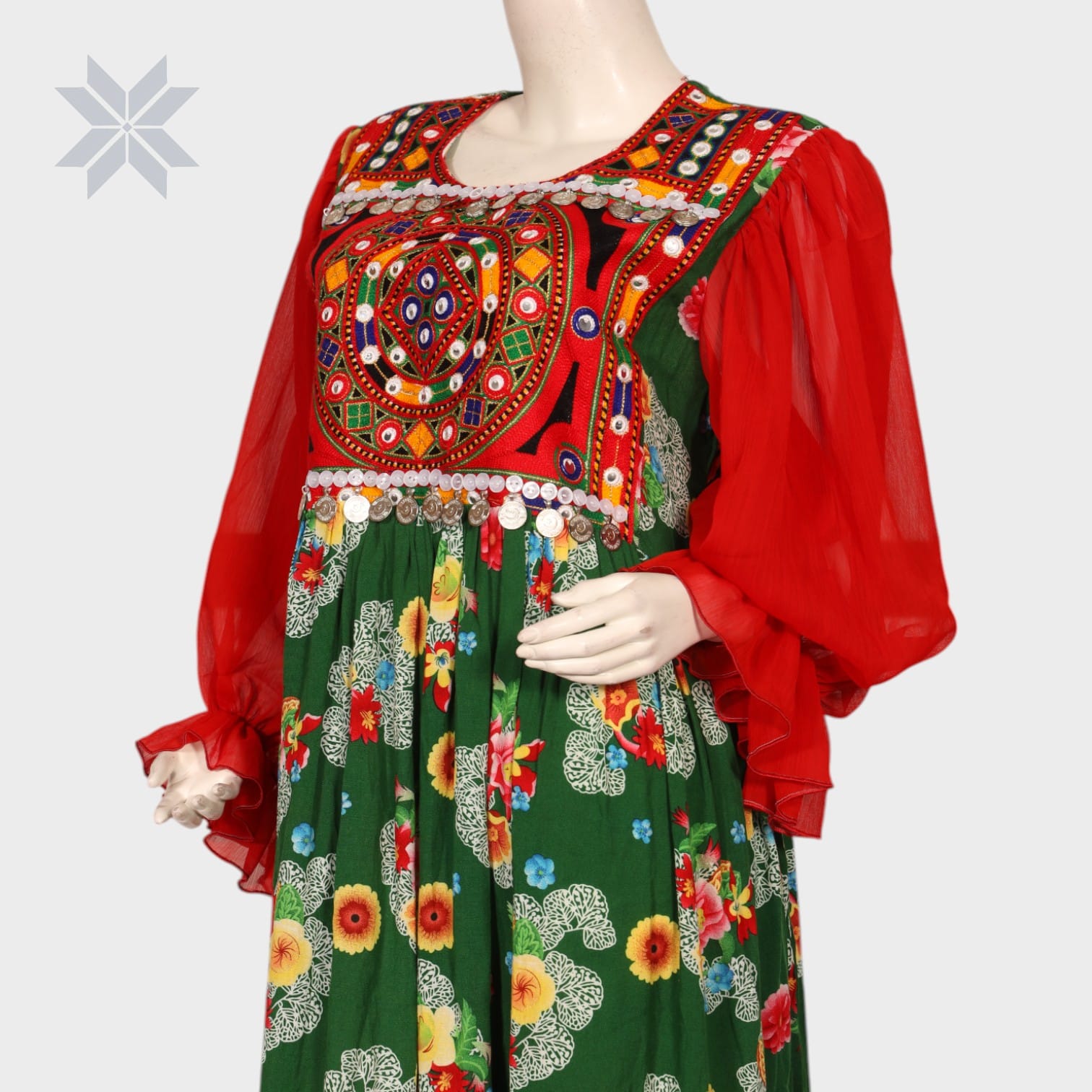 Gulbahar Balochi Maxi – Red & Green Floral Edition