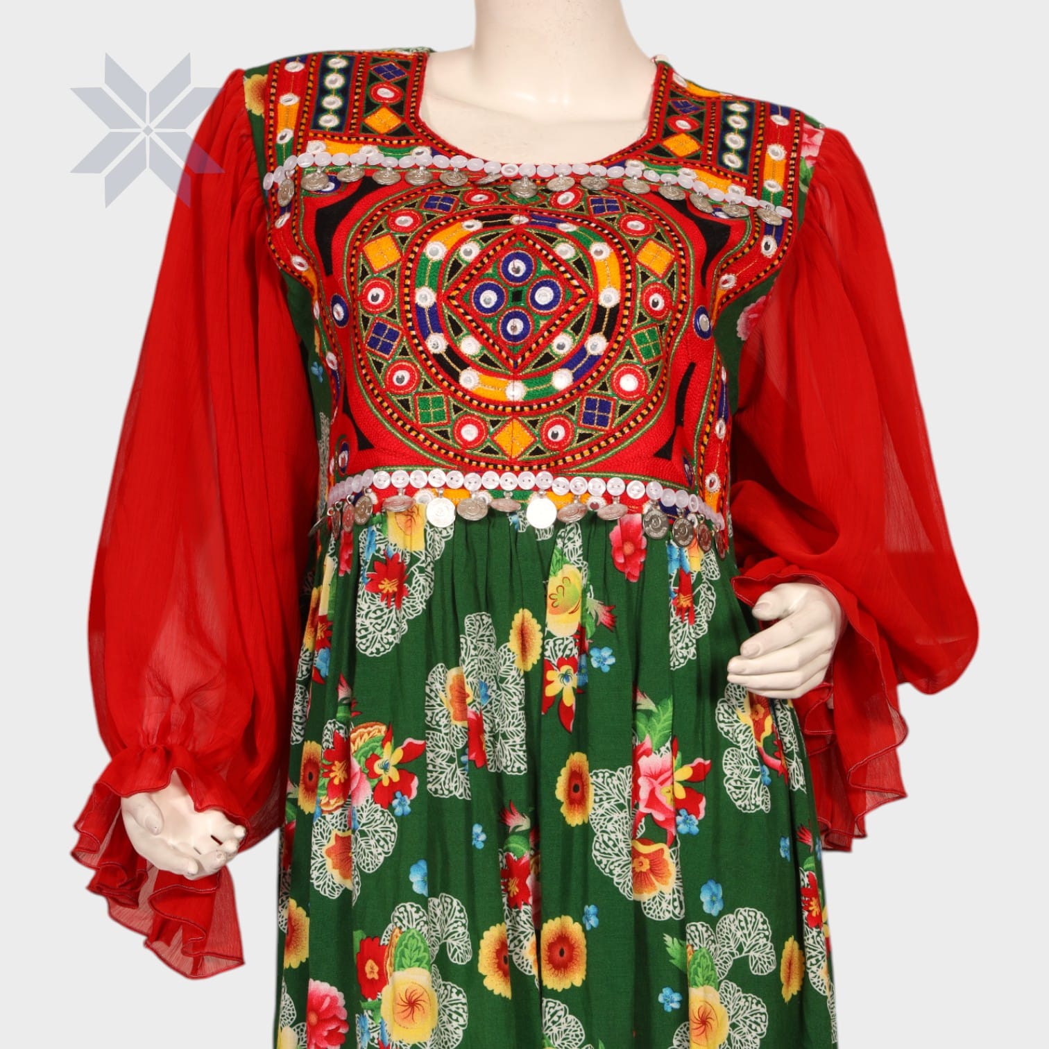 Gulbahar Balochi Maxi – Red & Green Floral Edition