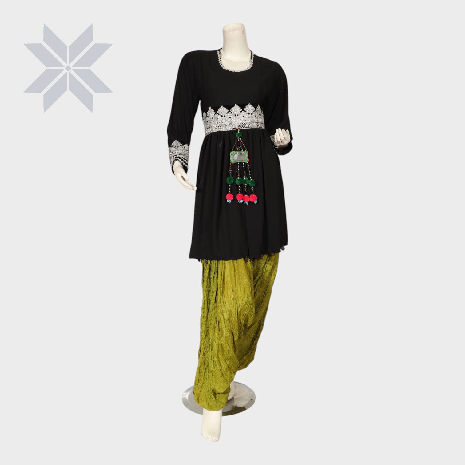 Sadaf Contrast Set – Black Tunic with Green Crinkle Shalwar