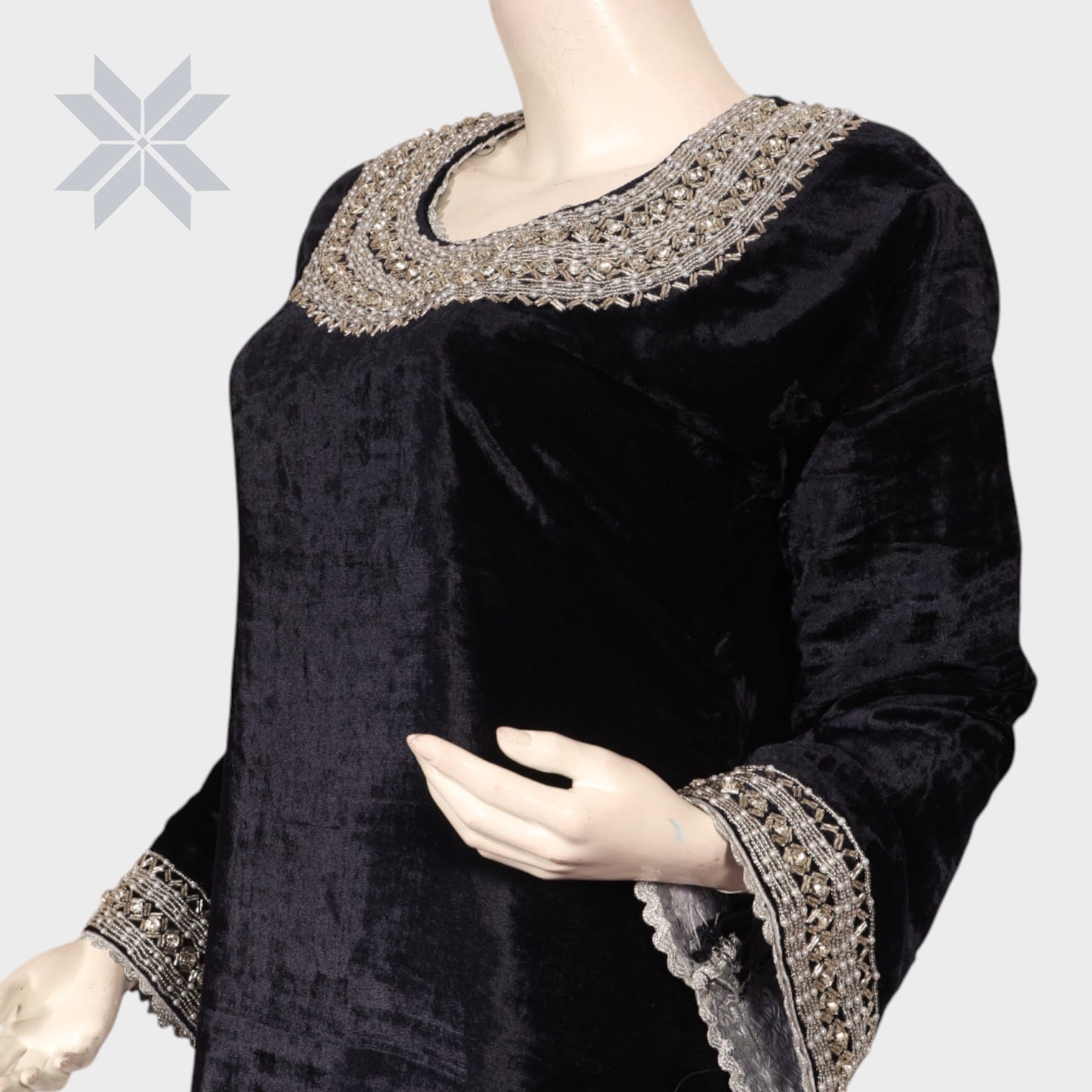 Noor Velvet Elegance Dress – Black with Silver Handwork