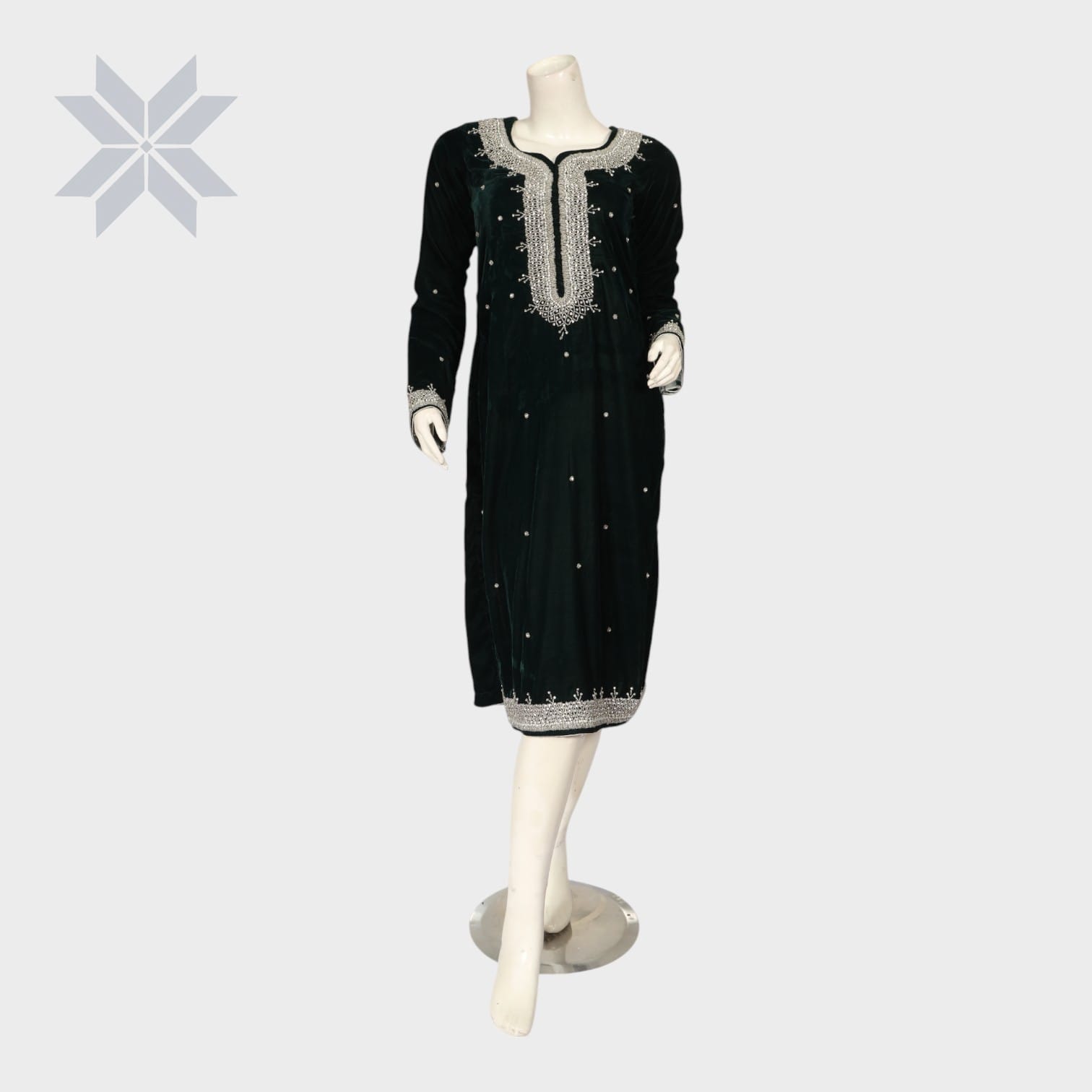Zareen Velvet Formal Dress – Emerald Green with Silver Embroidery