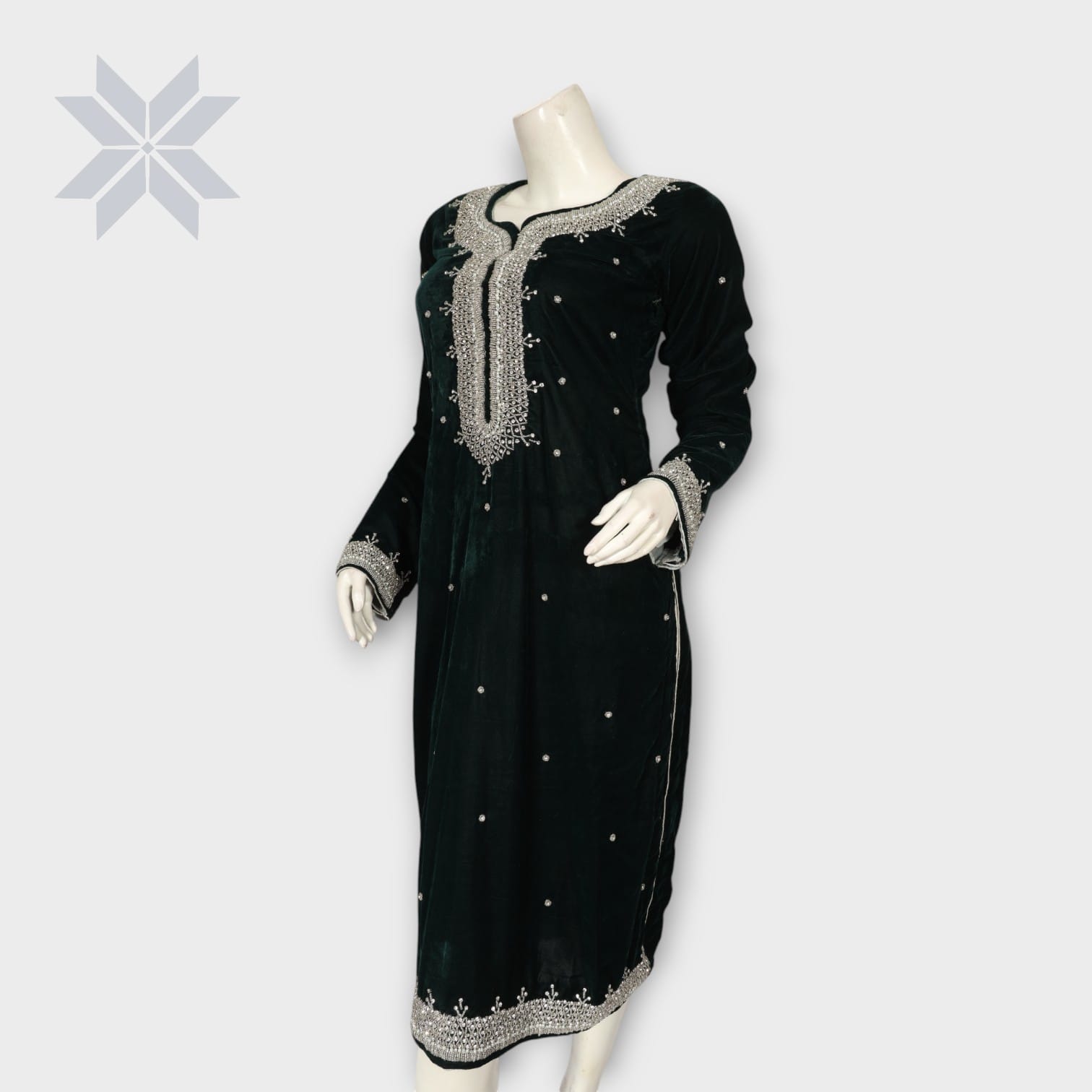 Zareen Velvet Formal Dress – Emerald Green with Silver Embroidery