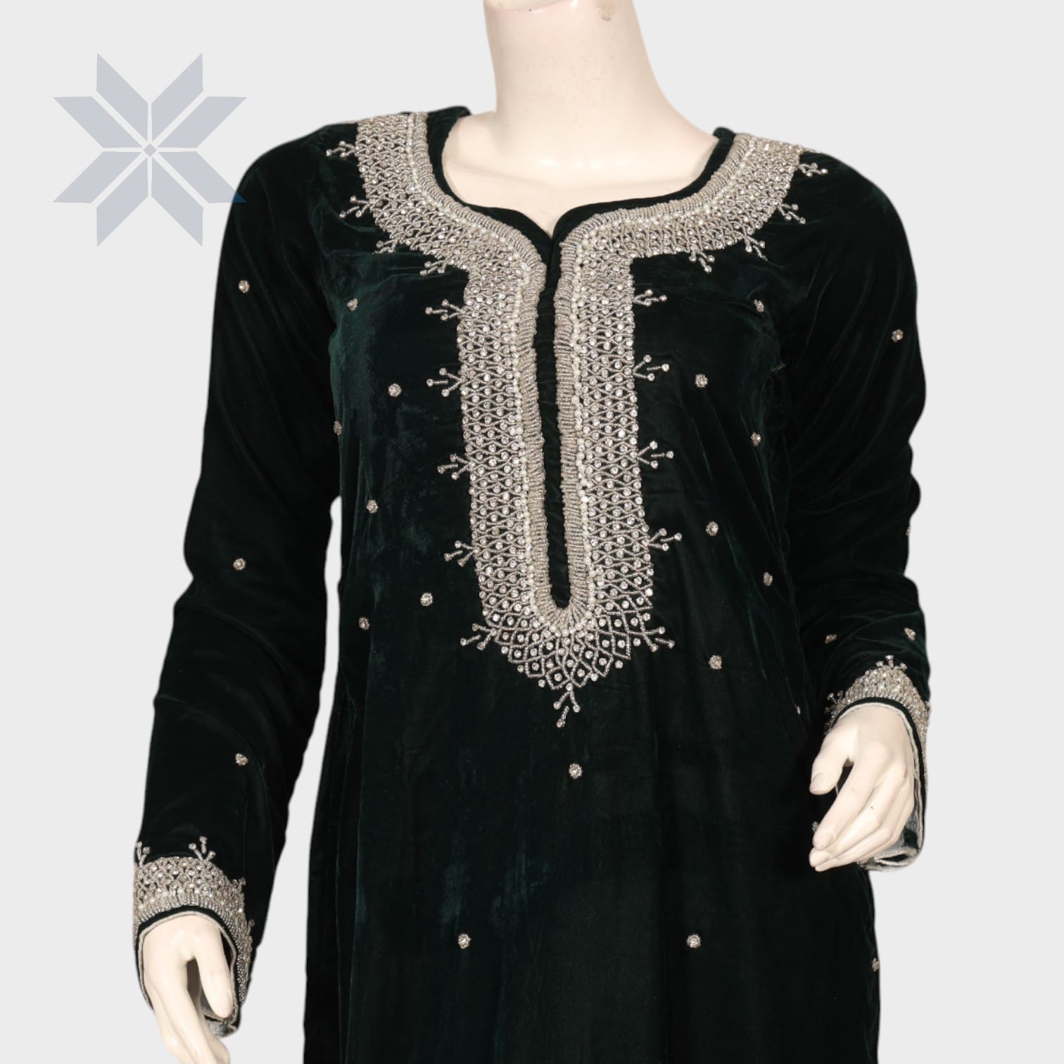 Zareen Velvet Formal Dress – Emerald Green with Silver Embroidery