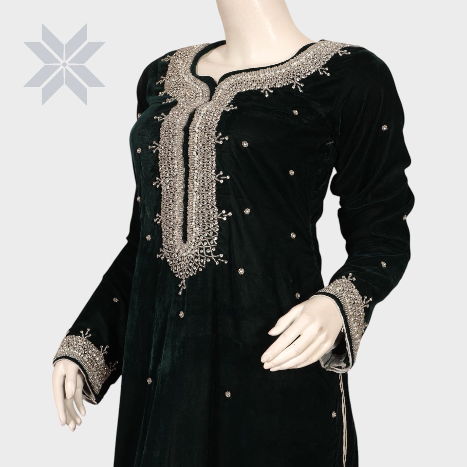 Zareen Velvet Formal Dress – Emerald Green with Silver Embroidery