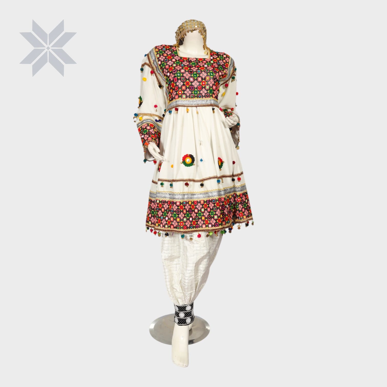 Bahaar Mirror Embroidered Set – White with Multicolor Threadwork