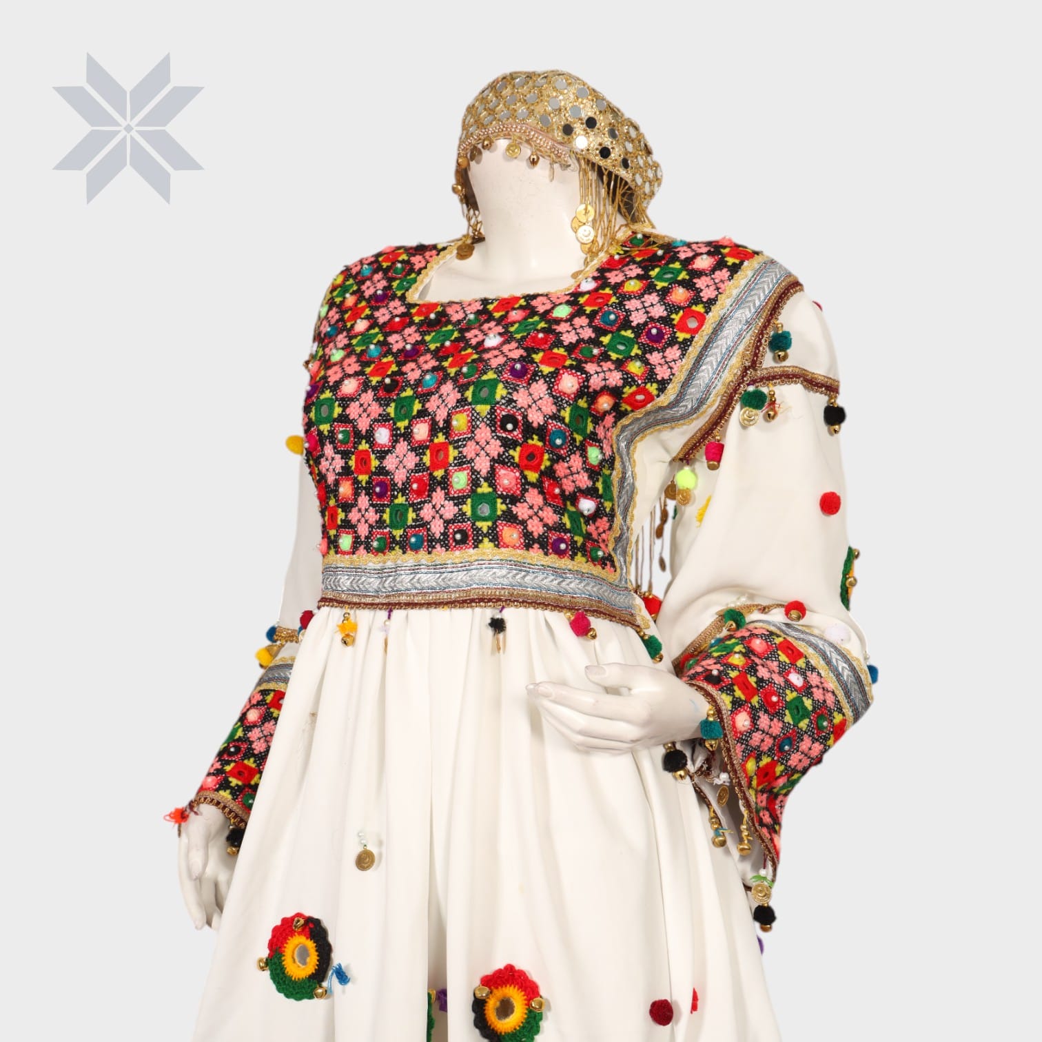 Bahaar Mirror Embroidered Set – White with Multicolor Threadwork