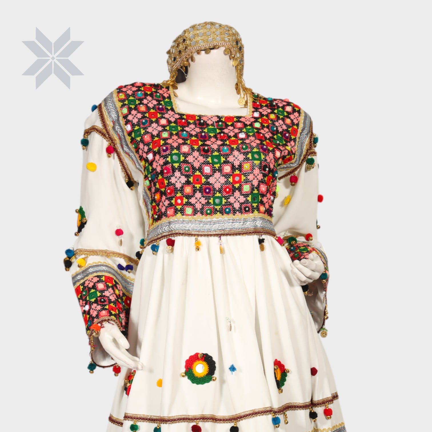 Bahaar Mirror Embroidered Set – White with Multicolor Threadwork