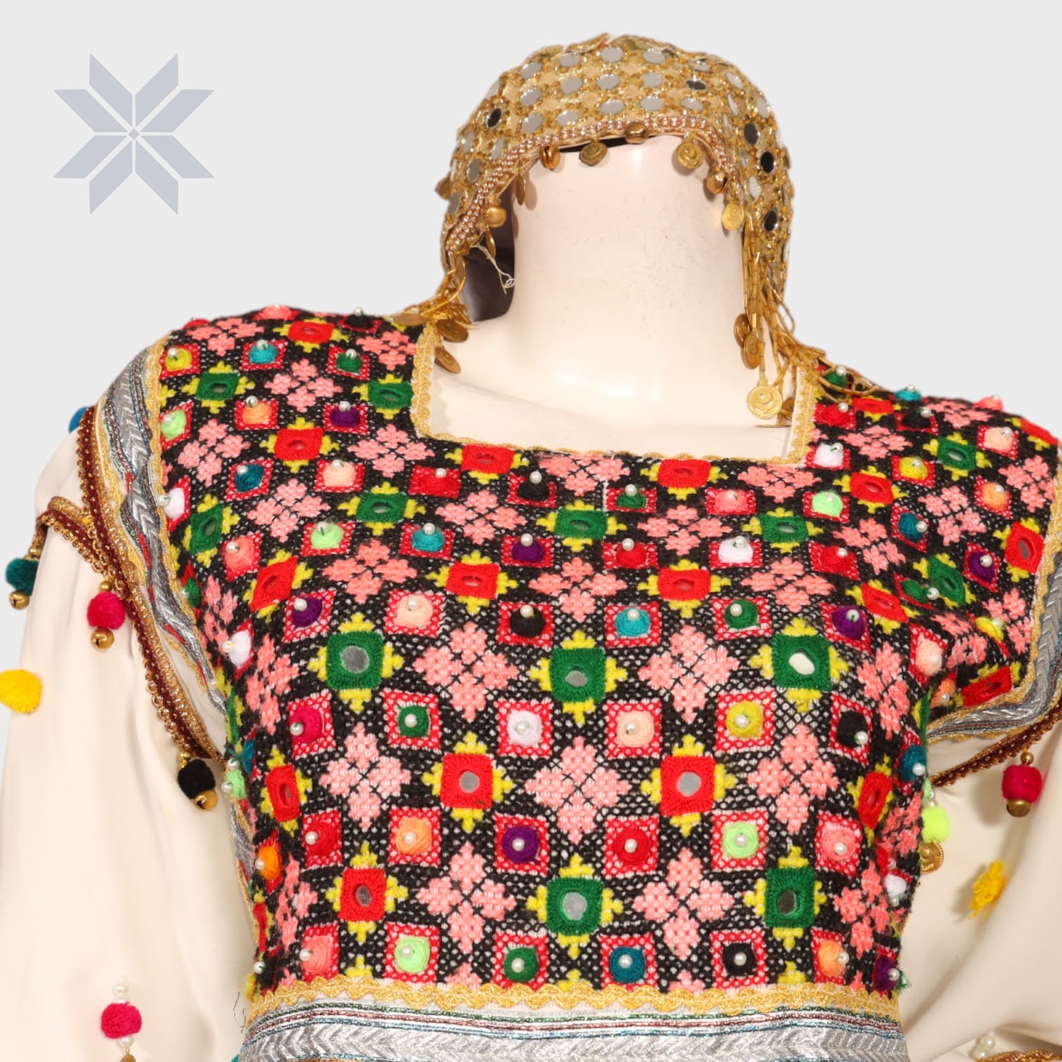 Bahaar Mirror Embroidered Set – White with Multicolor Threadwork