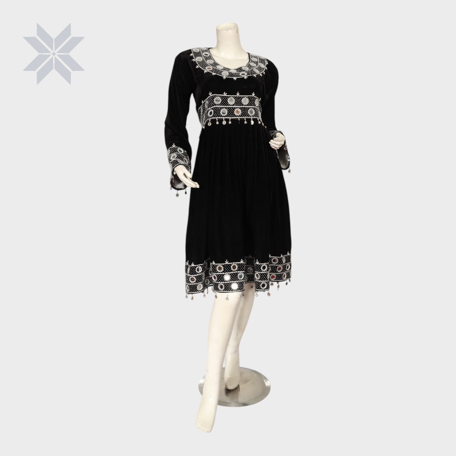 Ziba Velvet Mirror Dress – Black & White Embroidery Elegance