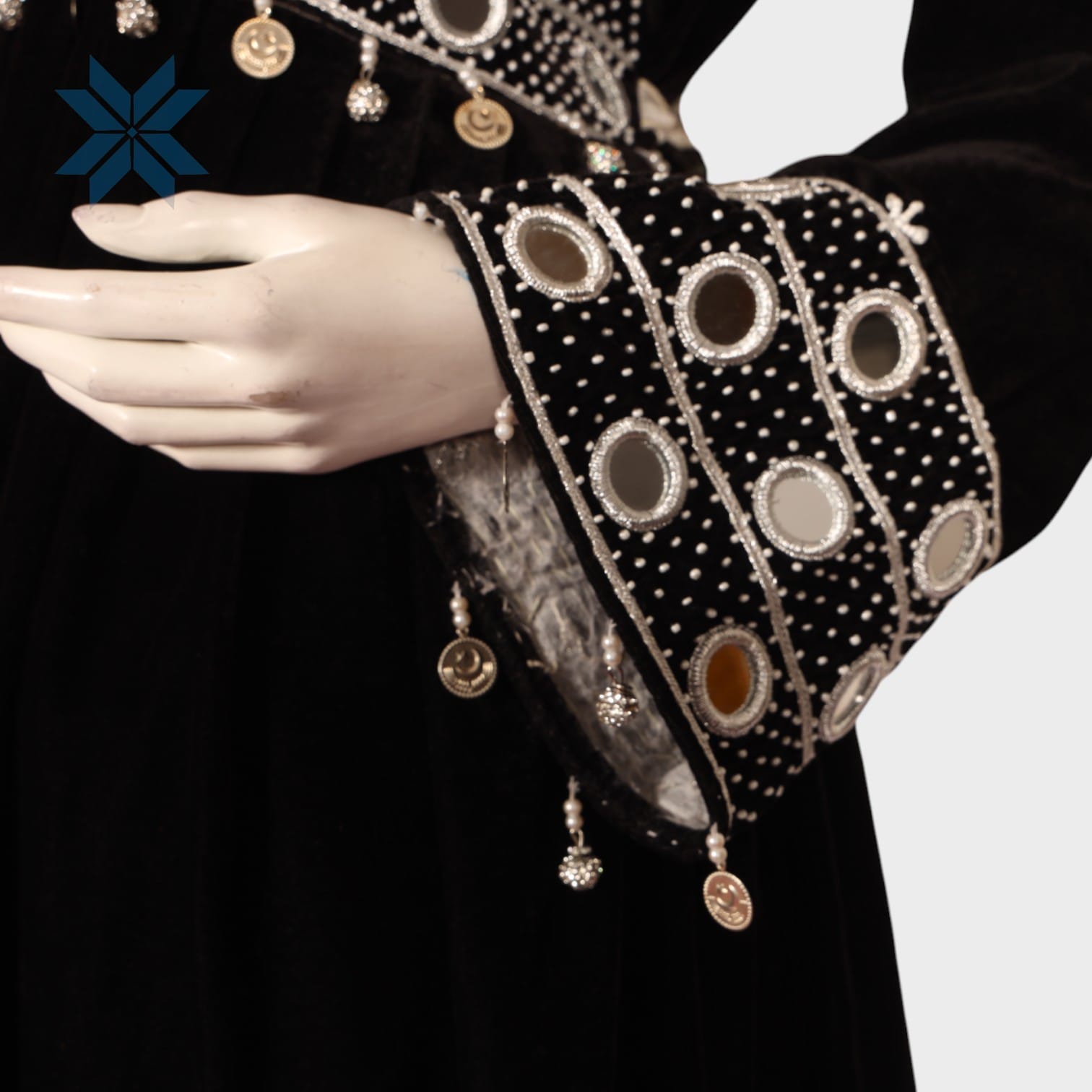 Ziba Velvet Mirror Dress – Black & White Embroidery Elegance