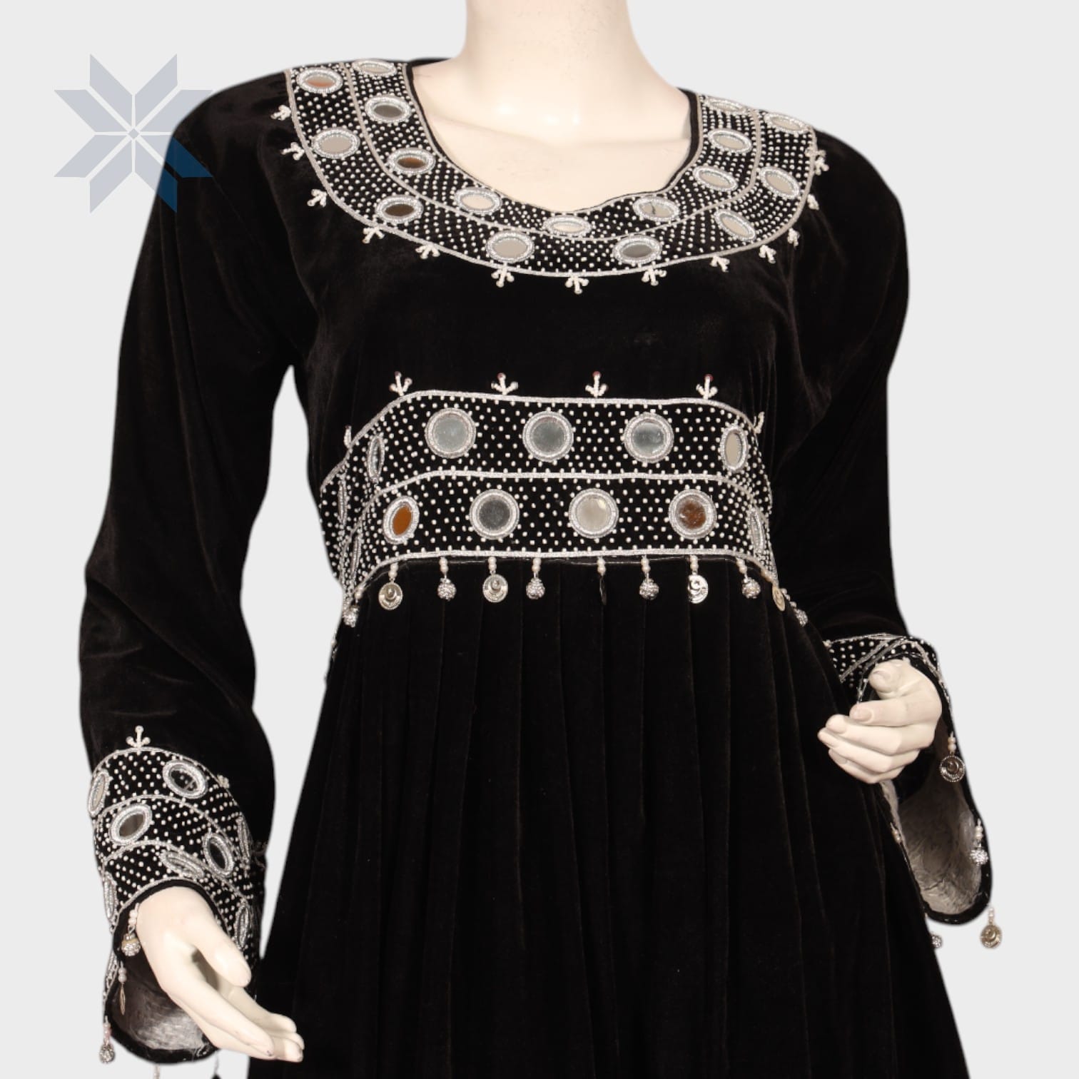 Ziba Velvet Mirror Dress – Black & White Embroidery Elegance