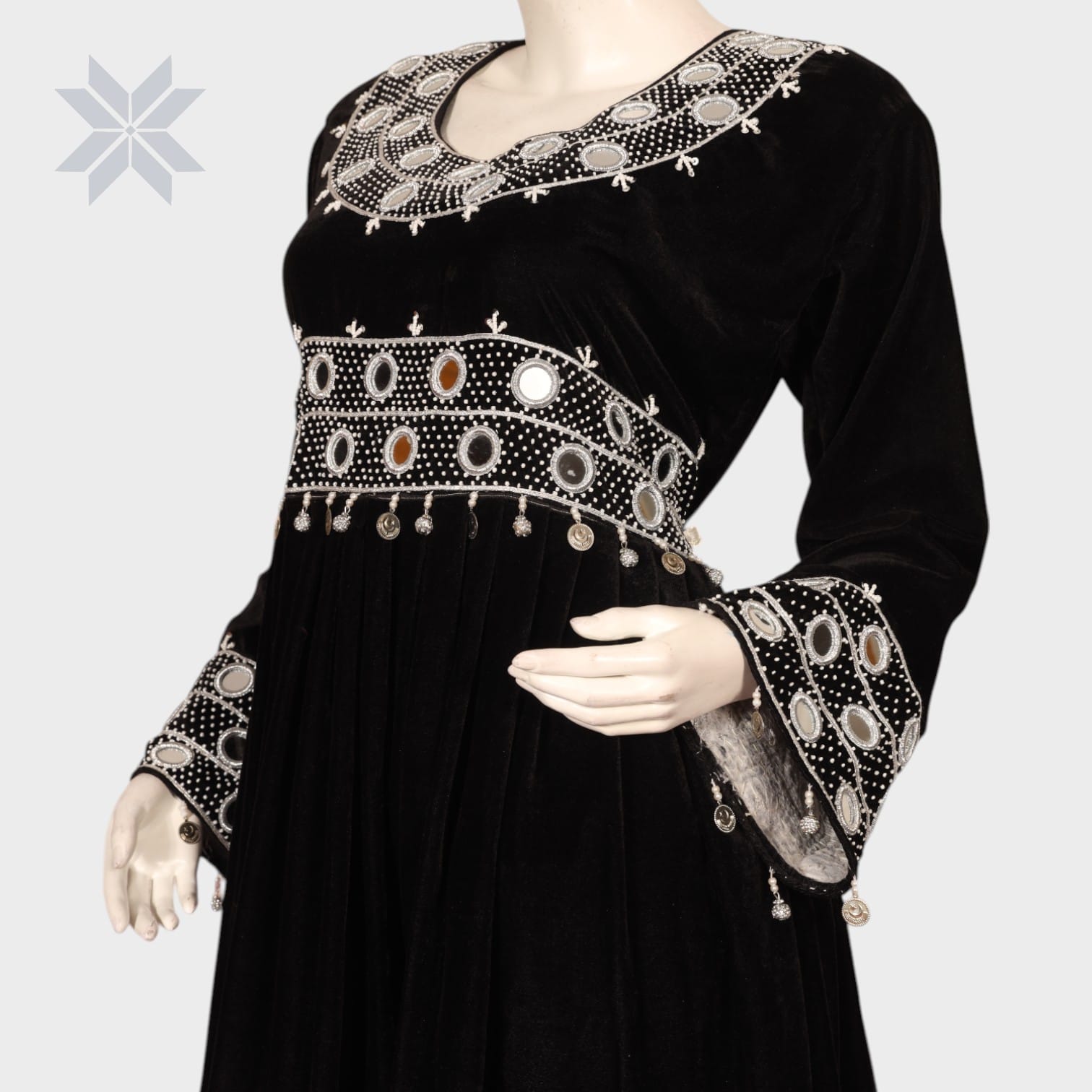 Ziba Velvet Mirror Dress – Black & White Embroidery Elegance