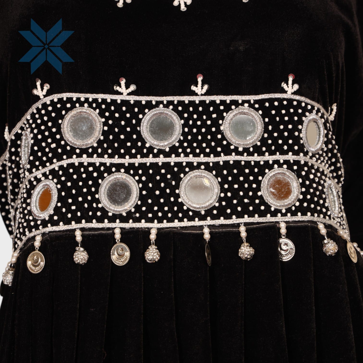 Ziba Velvet Mirror Dress – Black & White Embroidery Elegance