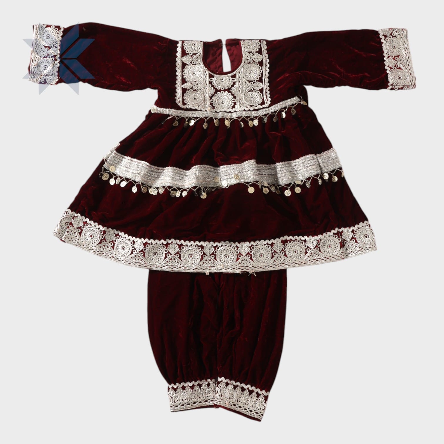Lalzada Baby Velvet Dress – Maroon with Silver Embroidery