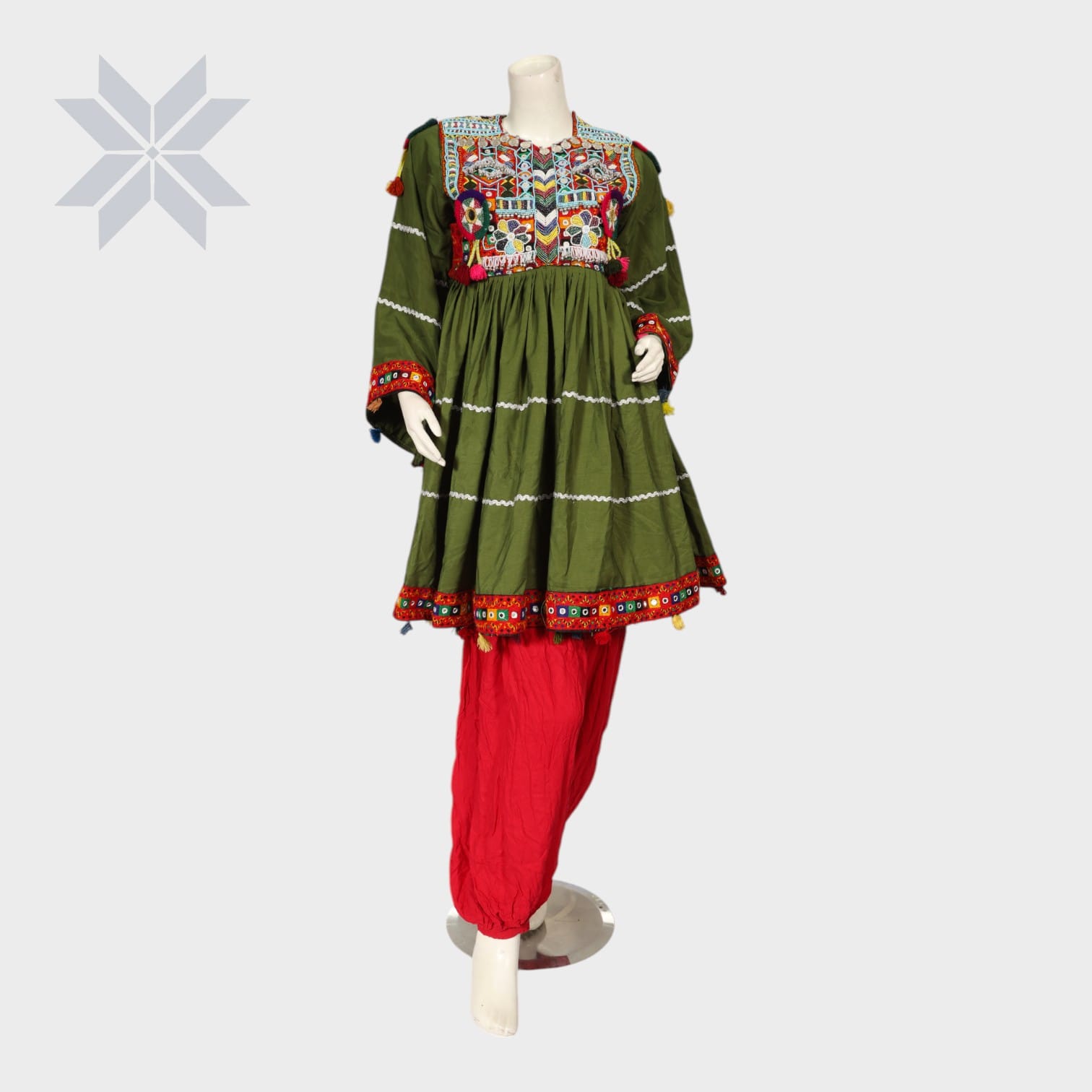 Gulbahar Olive & Crimson Afghan Dress