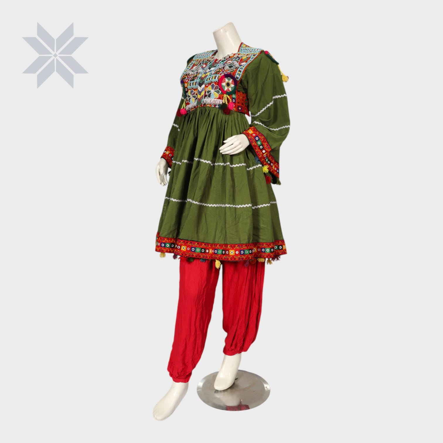 Gulbahar Olive & Crimson Afghan Dress