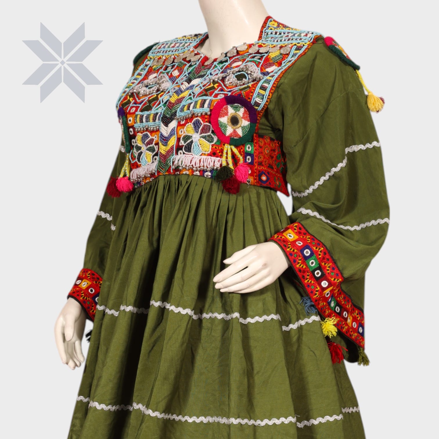 Gulbahar Olive & Crimson Afghan Dress | Aseel