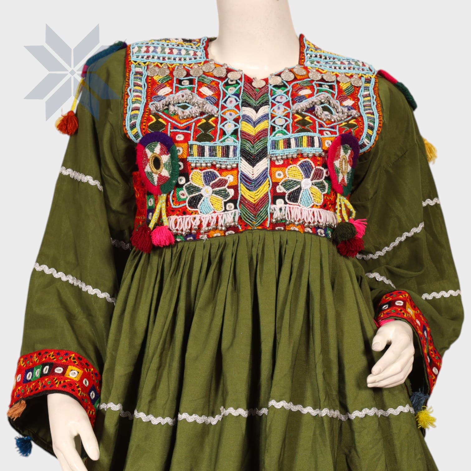 Gulbahar Olive & Crimson Afghan Dress
