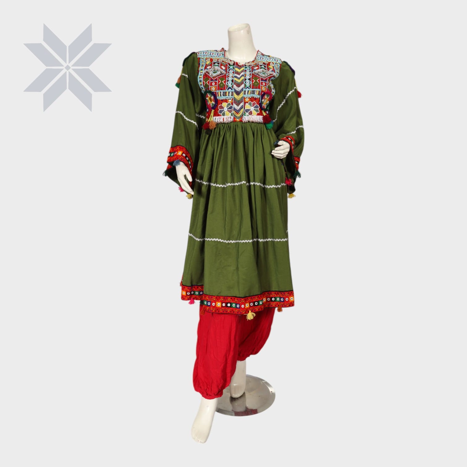 Zamzama Olive Tribal Embroidered Dress