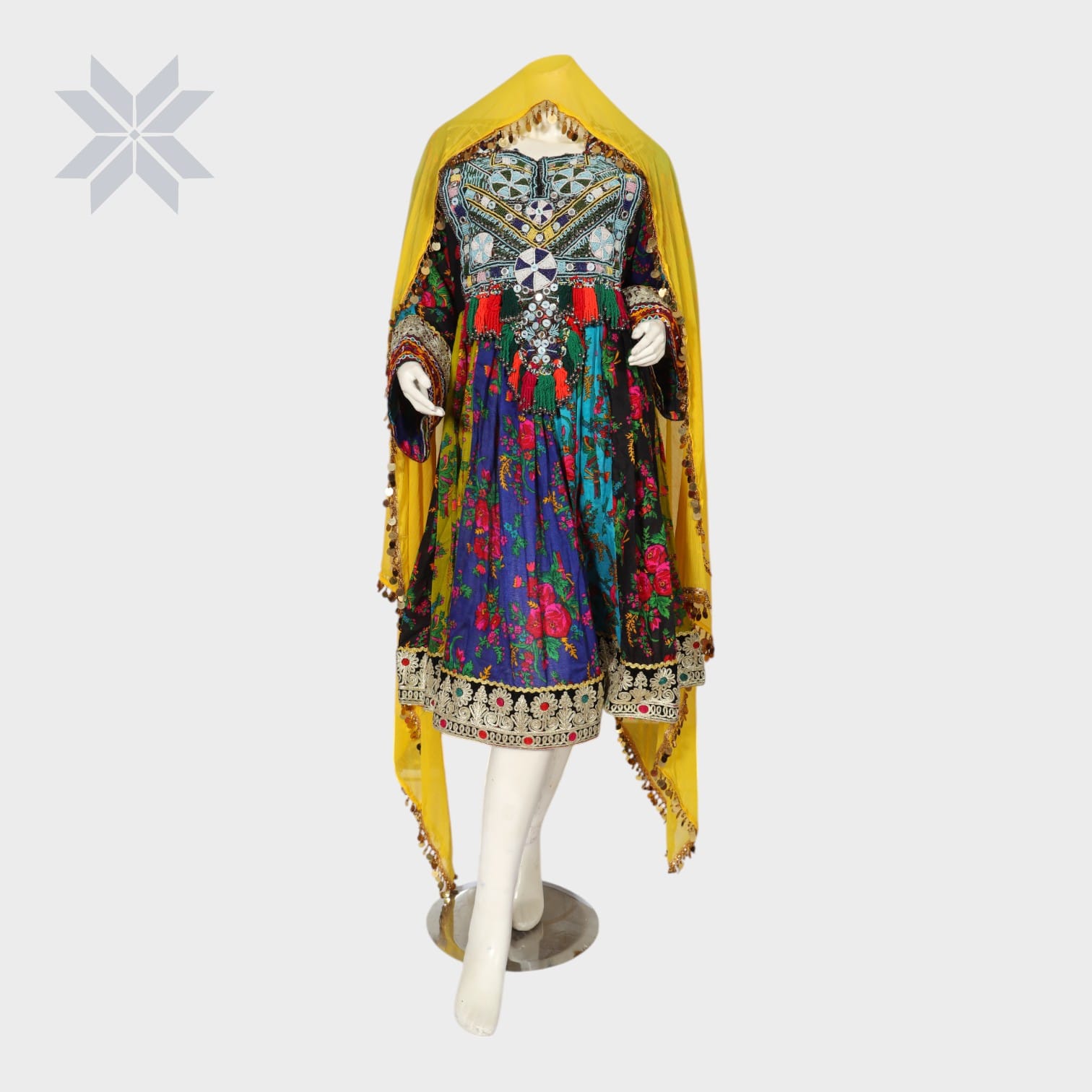 Floral Embroidered Traditional Afghani Dress with Yellow Dupatta