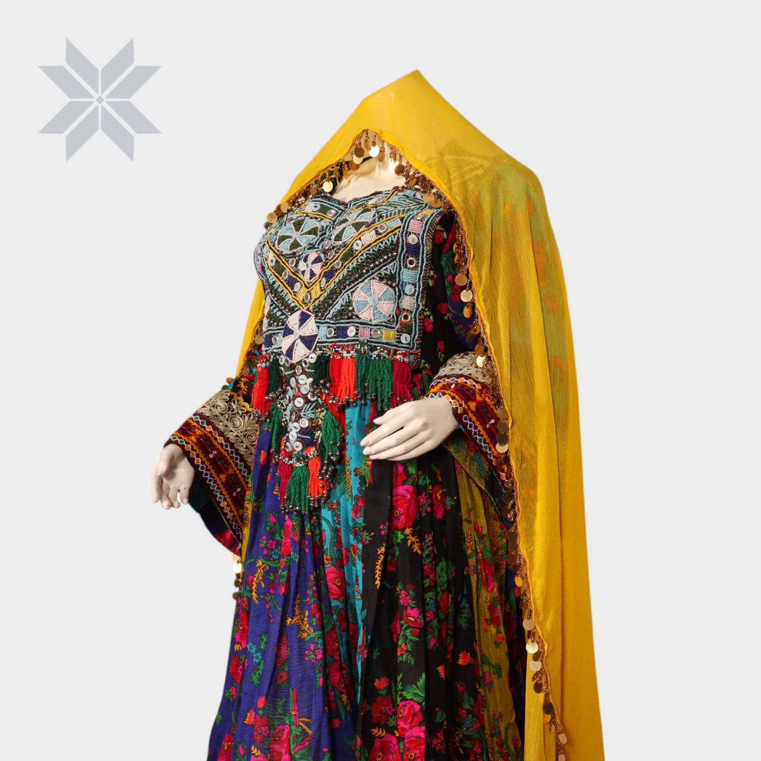 Floral Embroidered Traditional Afghani Dress with Yellow Dupatta
