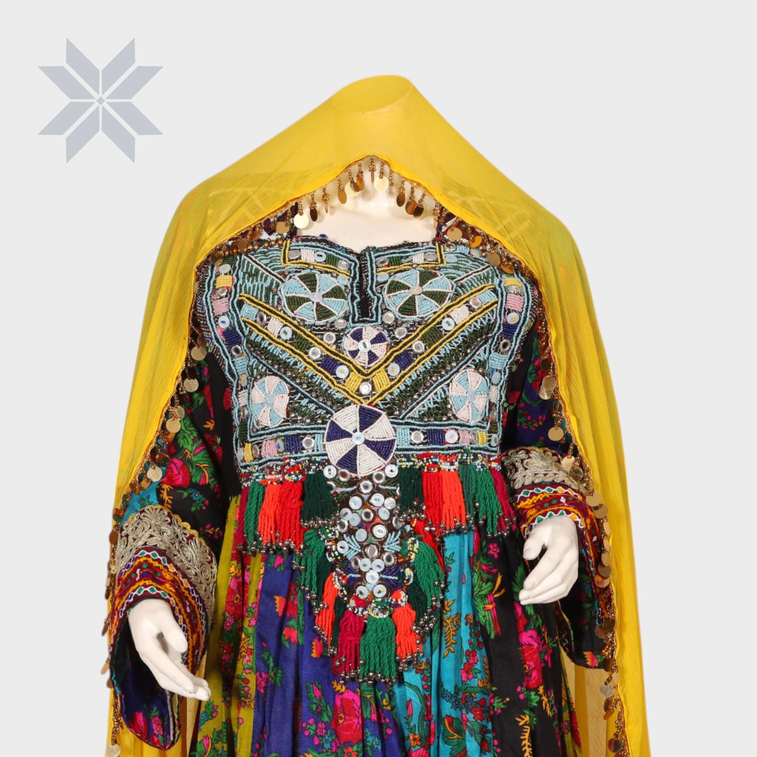 Floral Embroidered Traditional Afghani Dress with Yellow Dupatta