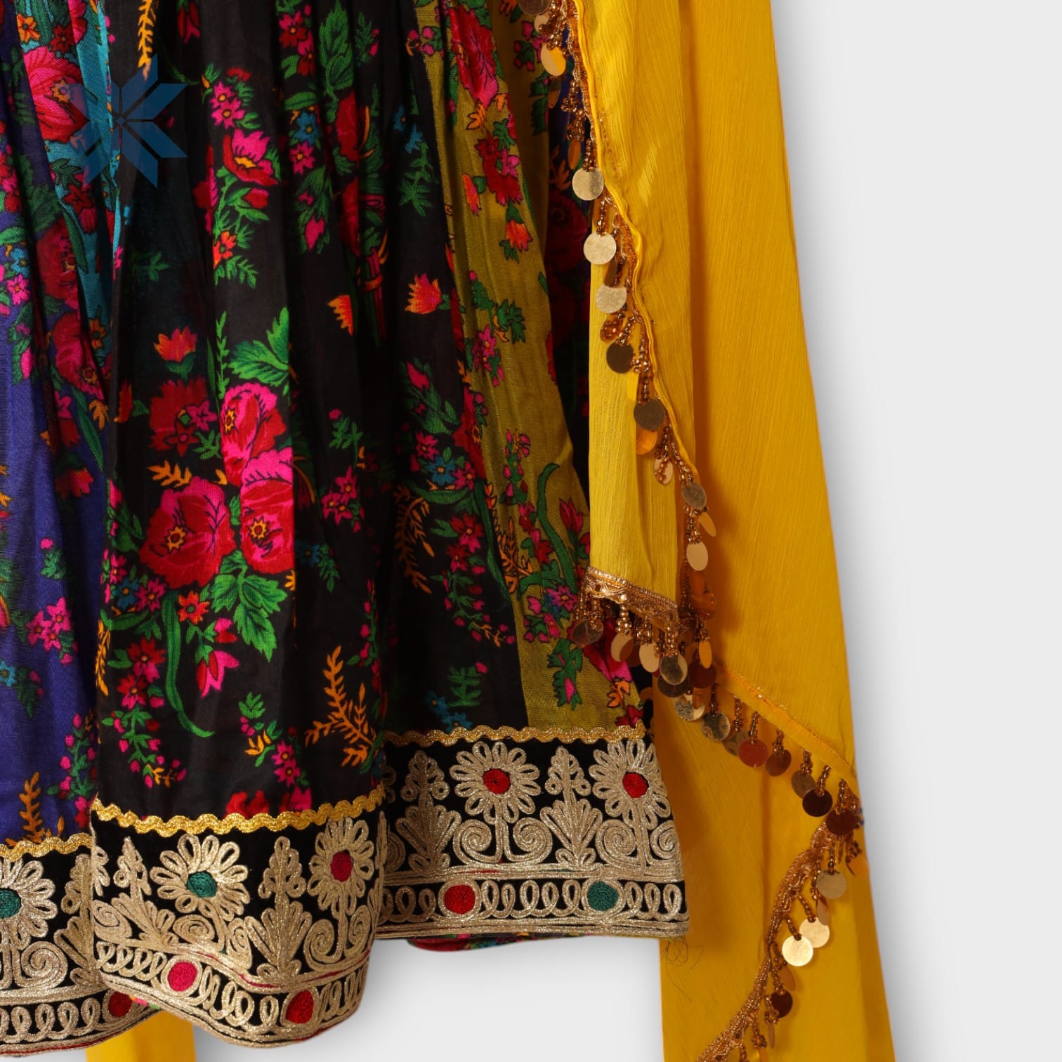 Floral Embroidered Traditional Afghani Dress with Yellow Dupatta