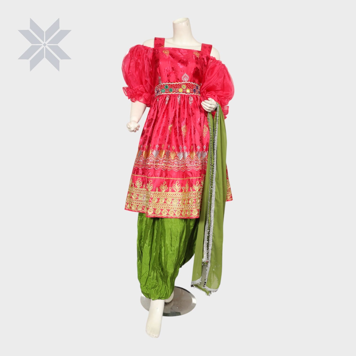 Pink and Green Traditional Afghani Dress