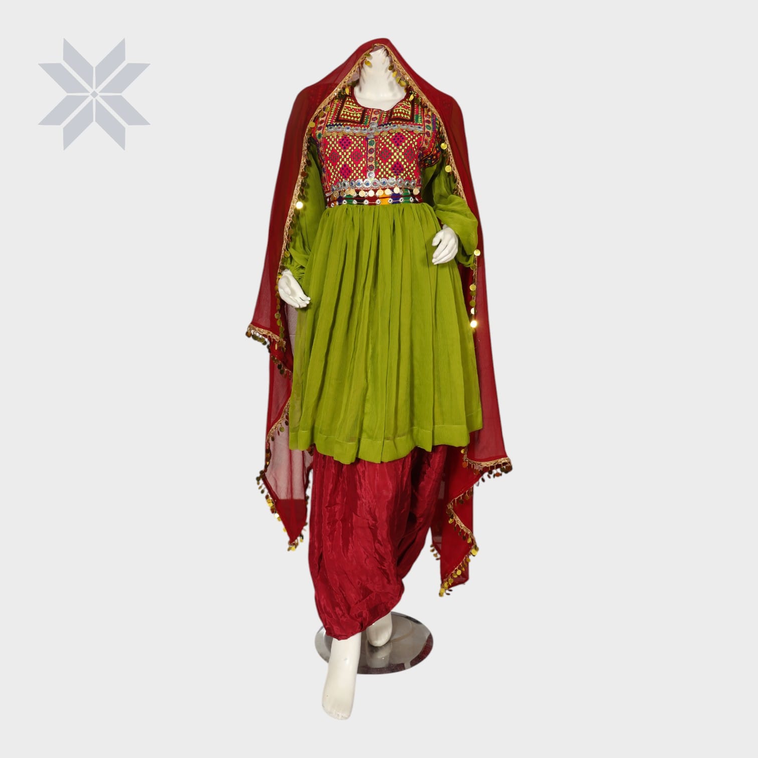 Green and Red Traditional Afghani Dress