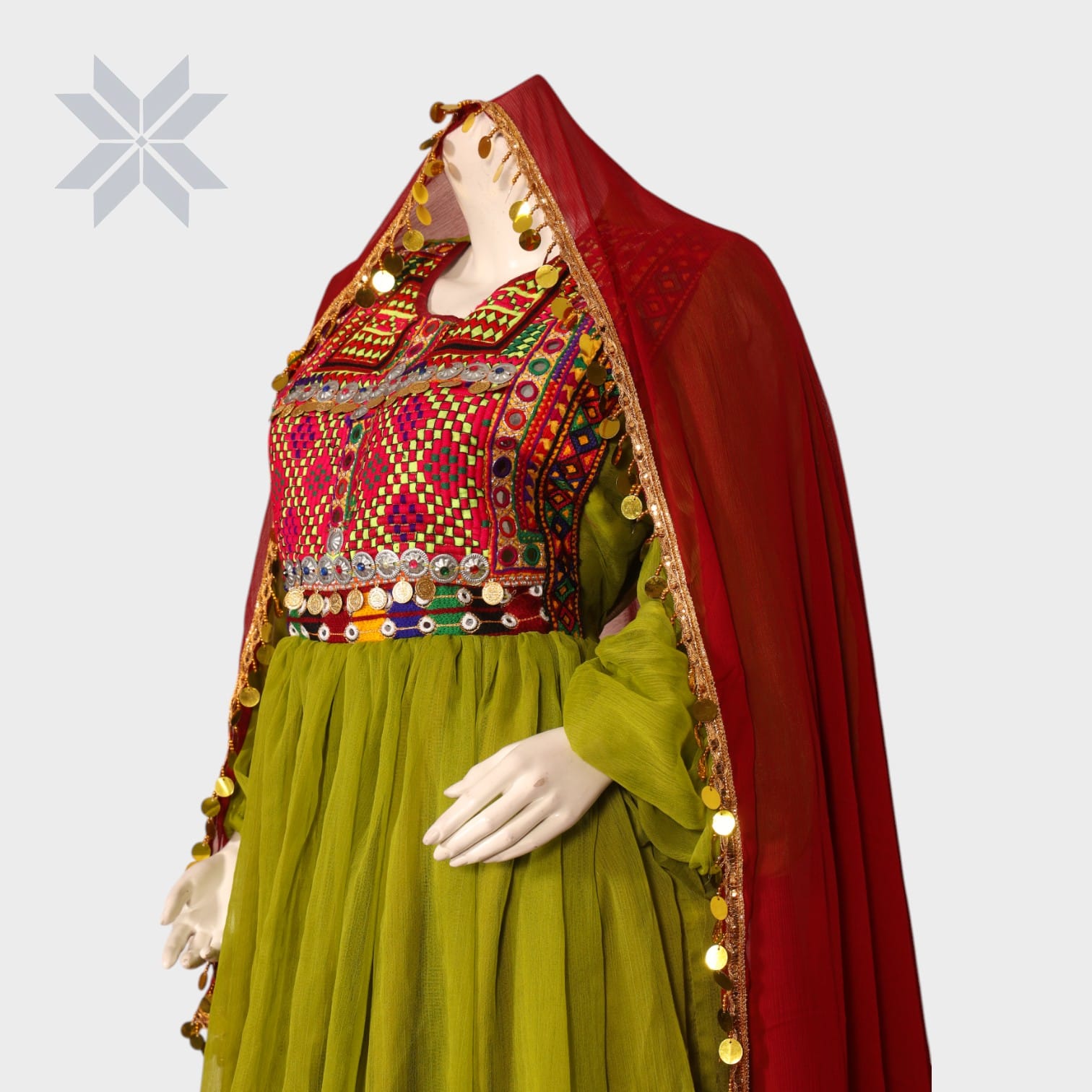 Green and Red Traditional Afghani Dress