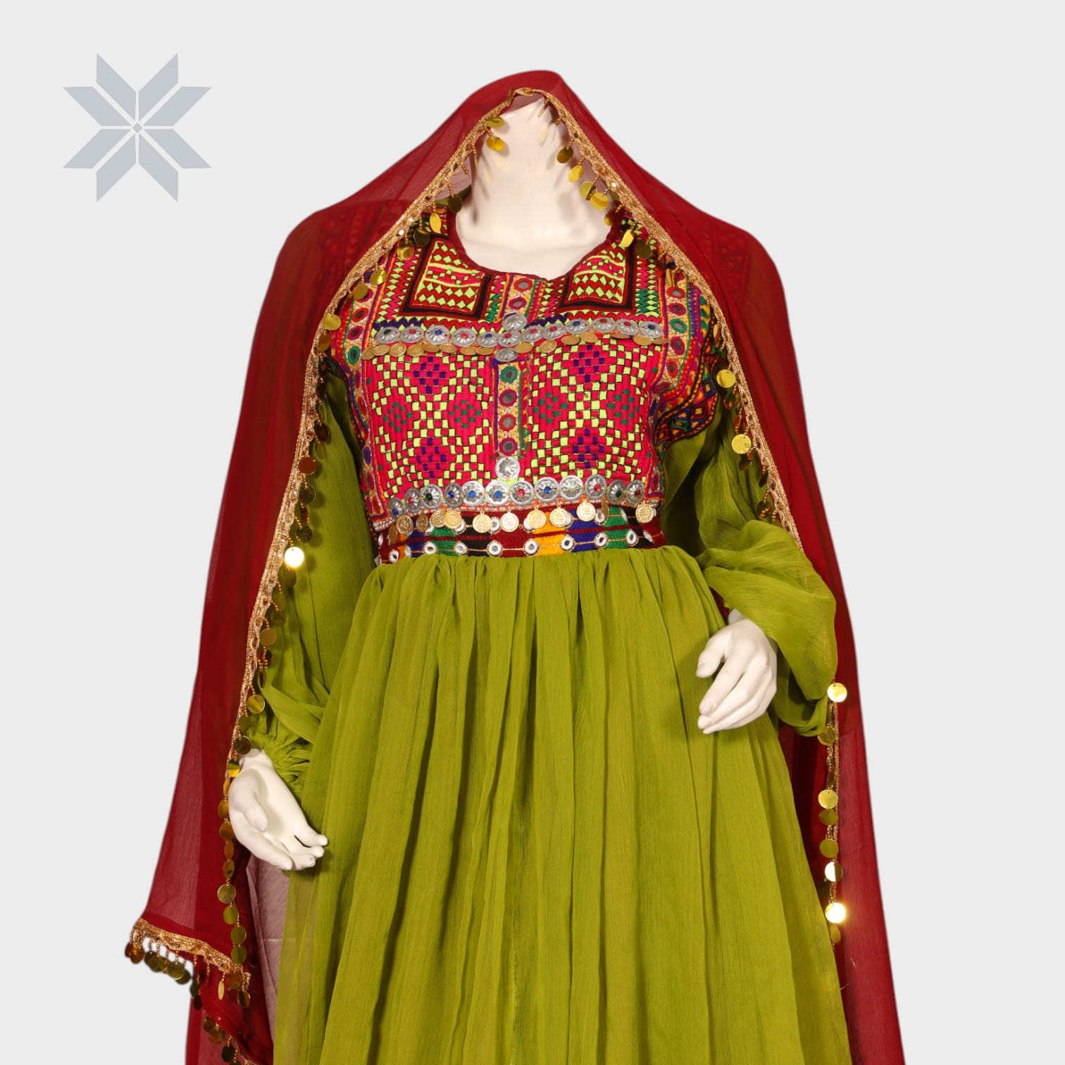 Green and Red Traditional Afghani Dress