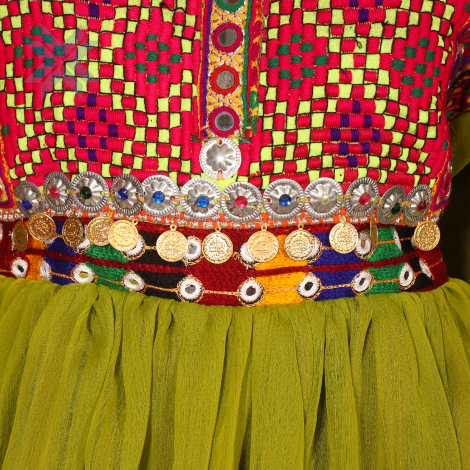 Green and Red Traditional Afghani Dress