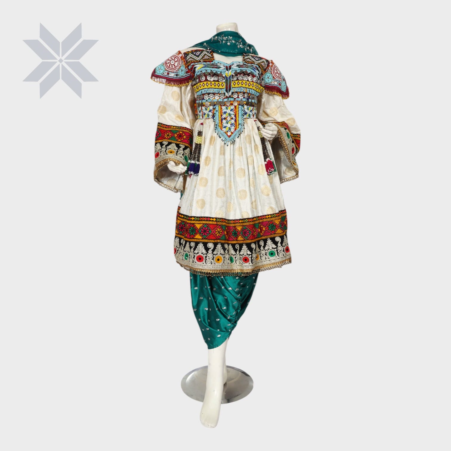 White and Teal Traditional Afghani Dress